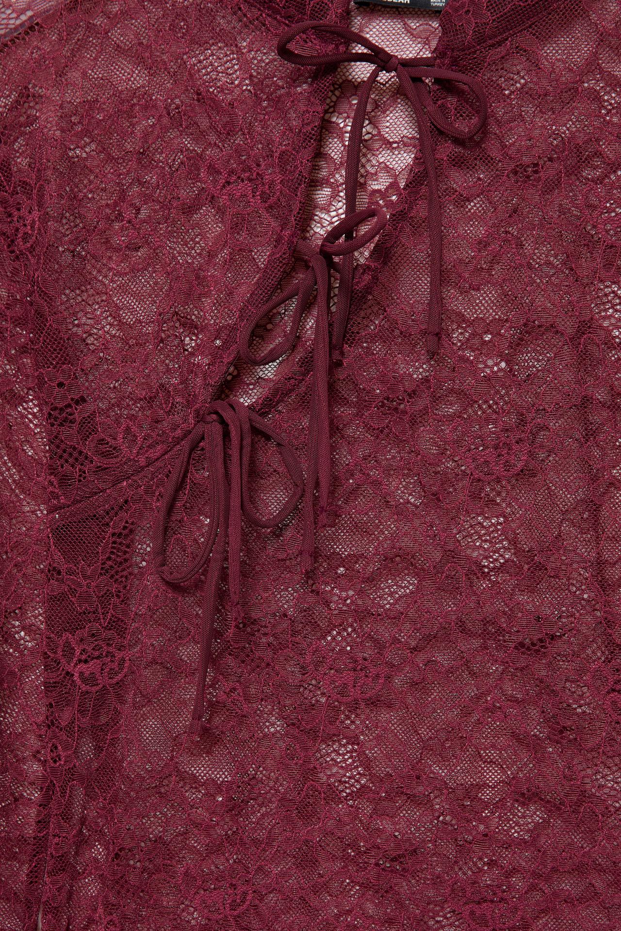 Lace stand collar top with fireman clasps — Burgundy