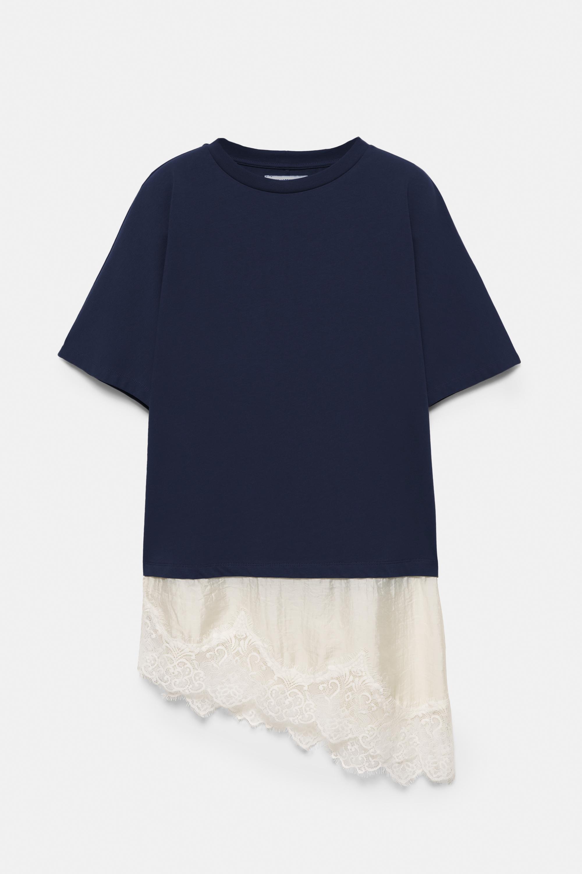 Contrast T-shirt with lace hem — Navy
