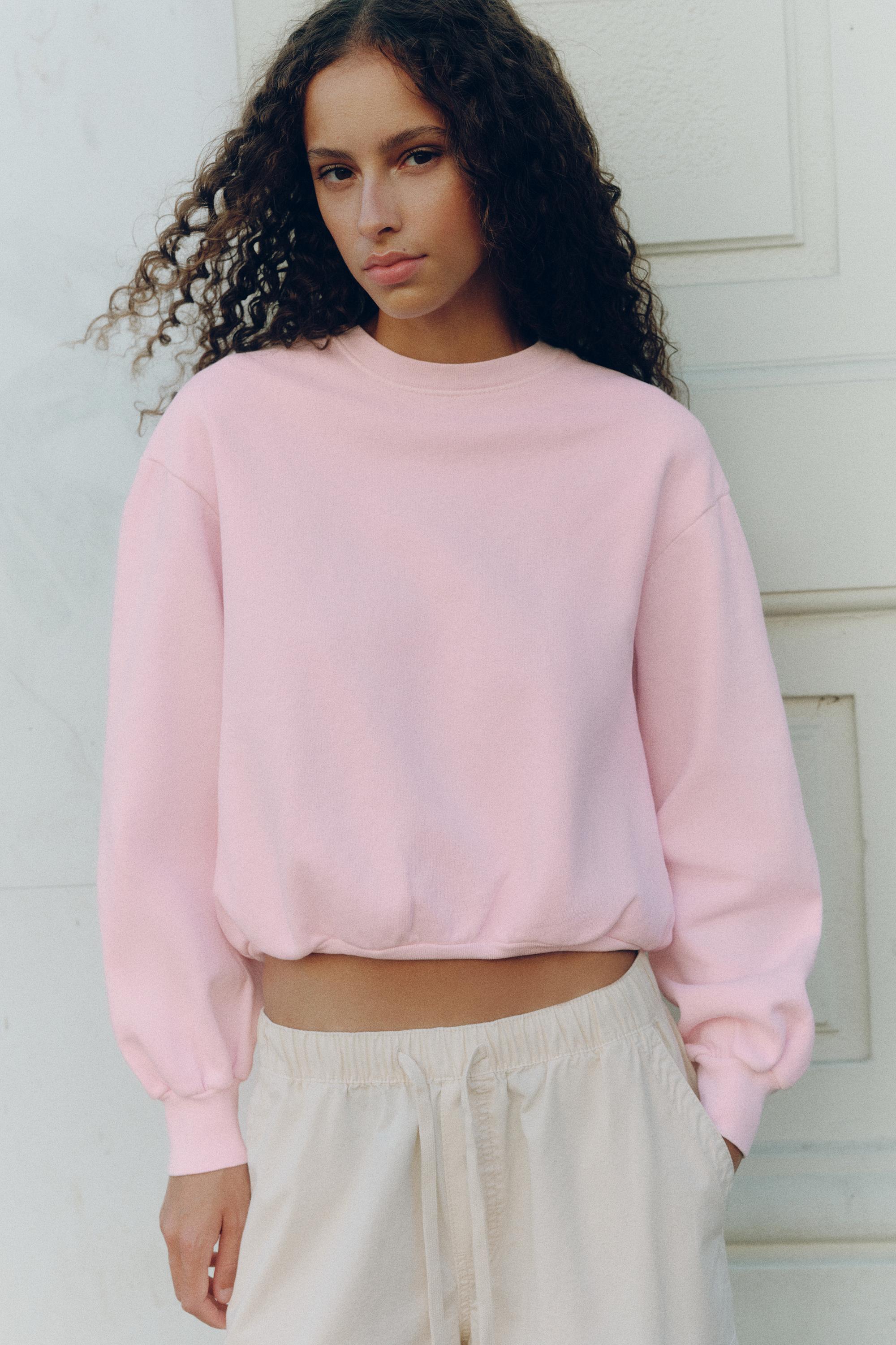 Cropped round neck sweatshirt — Pink