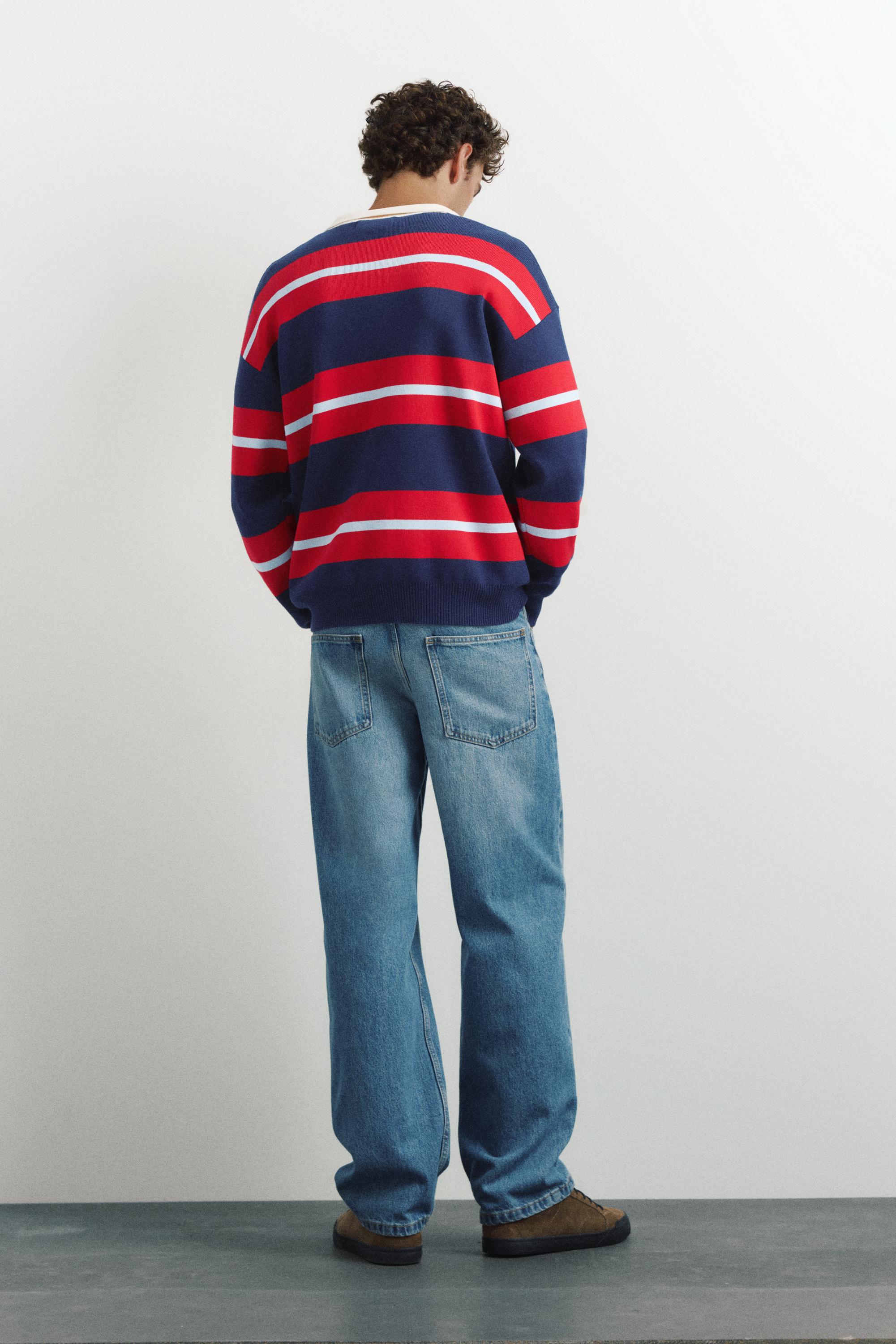 Striped knit polo shirt — Navy