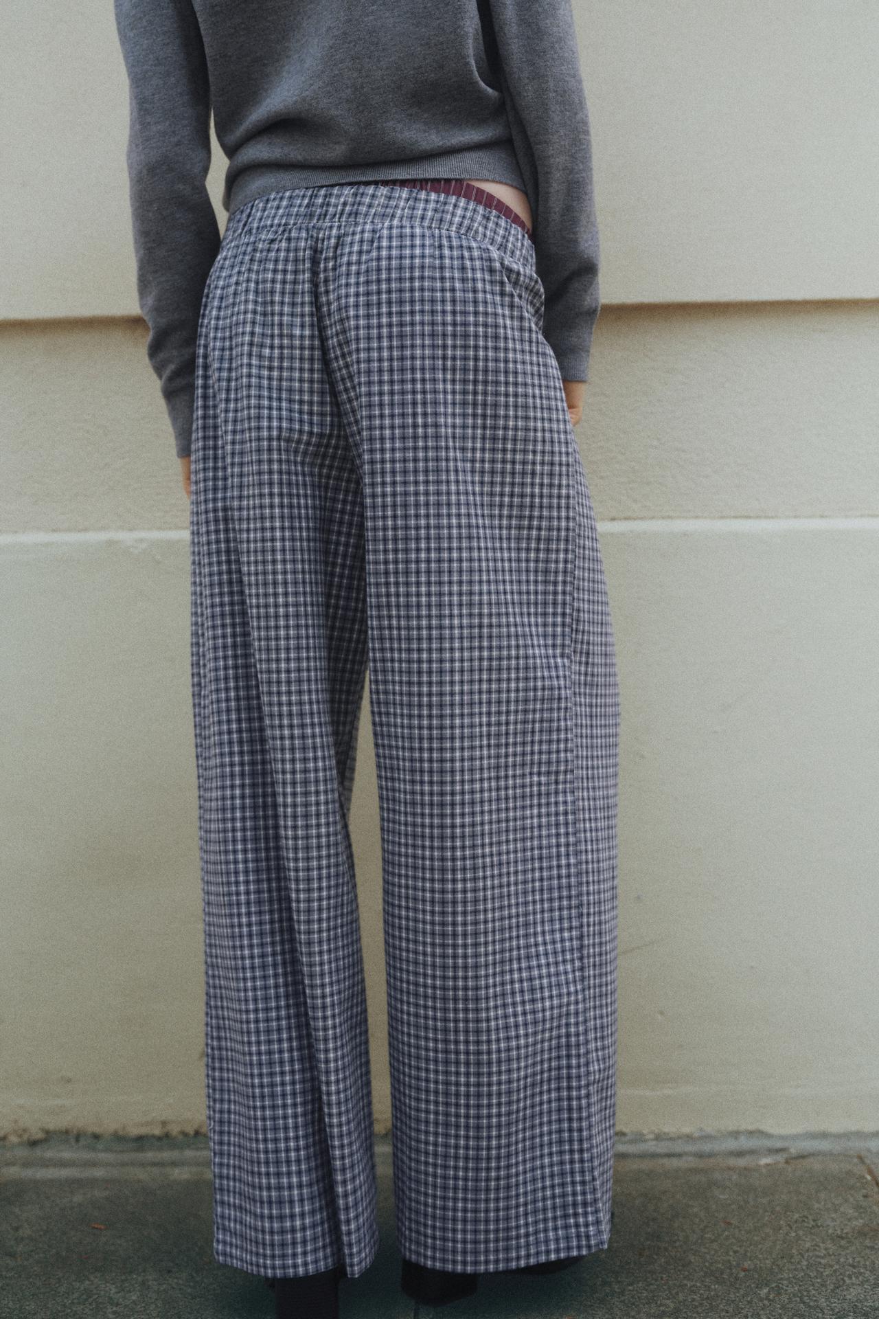 Flowing check trousers with contrast waist — Grey