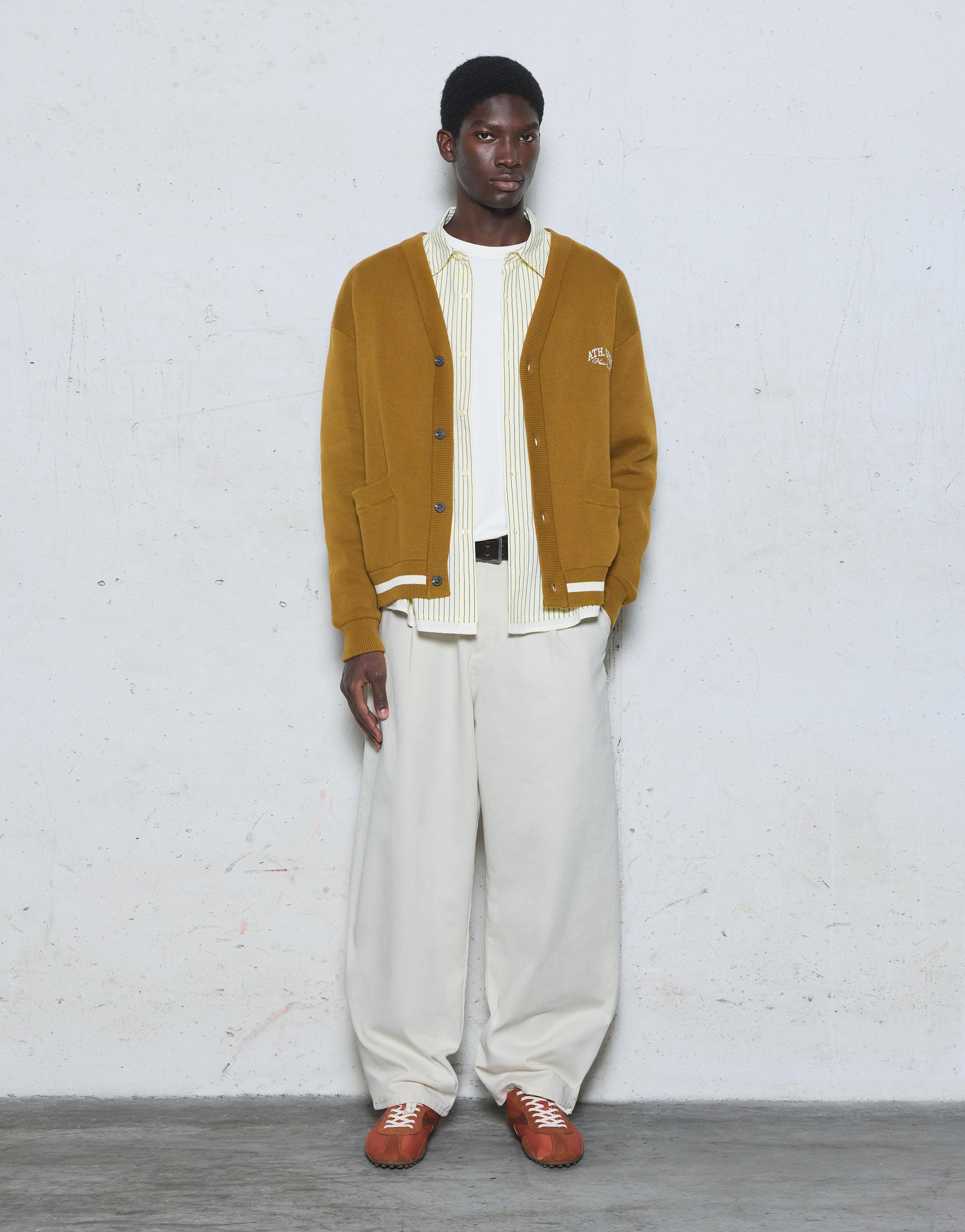 Embroidered varsity cardigan — Tobacco brown