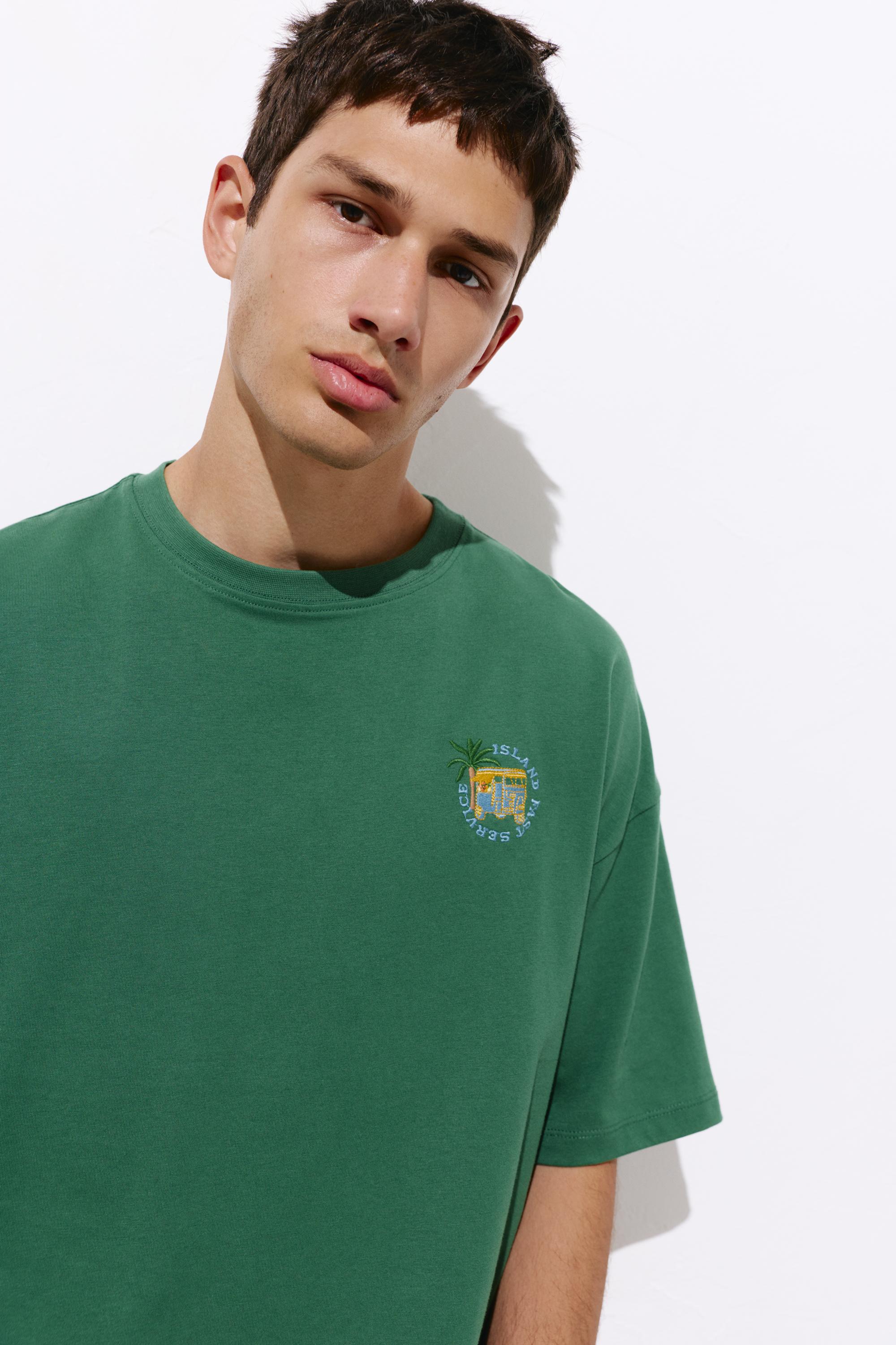Relaxed embroidered T-shirt — Dark green marl