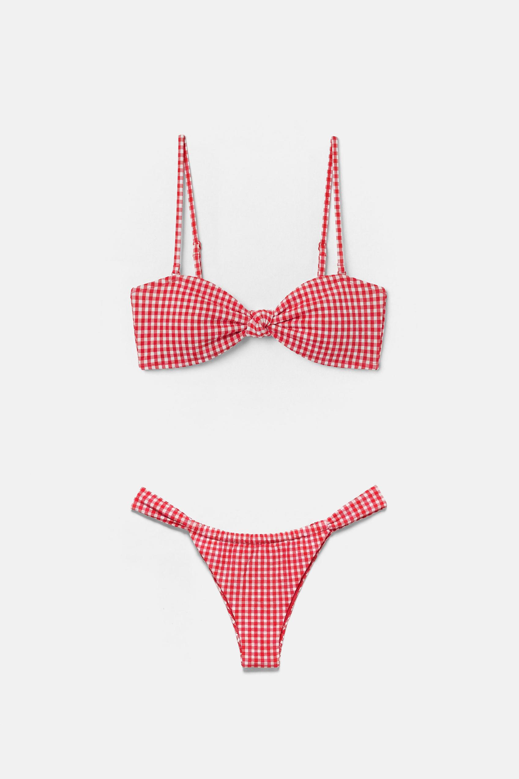 Gingham bandeau bikini top — Red