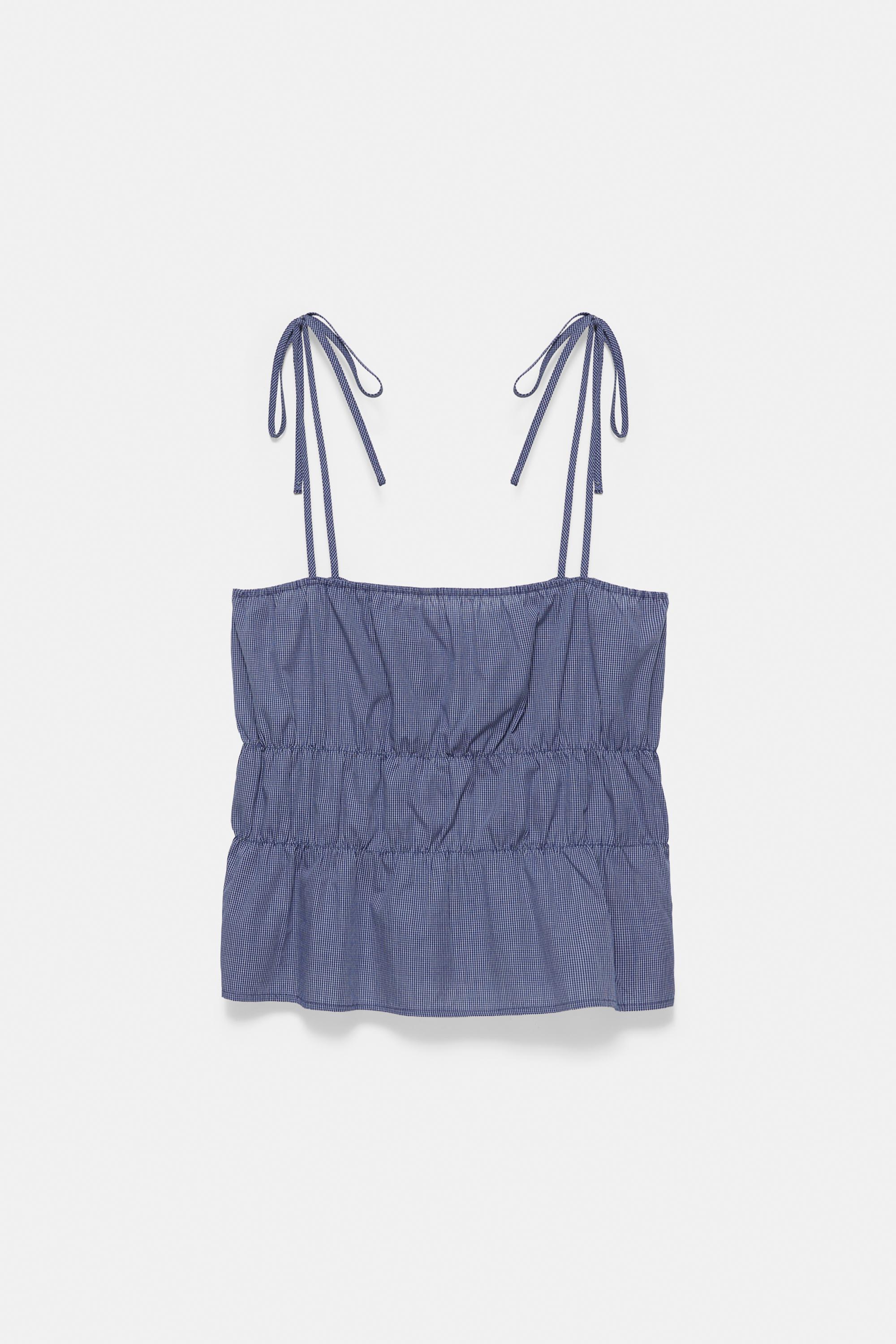 Checked gathered strappy top — Navy