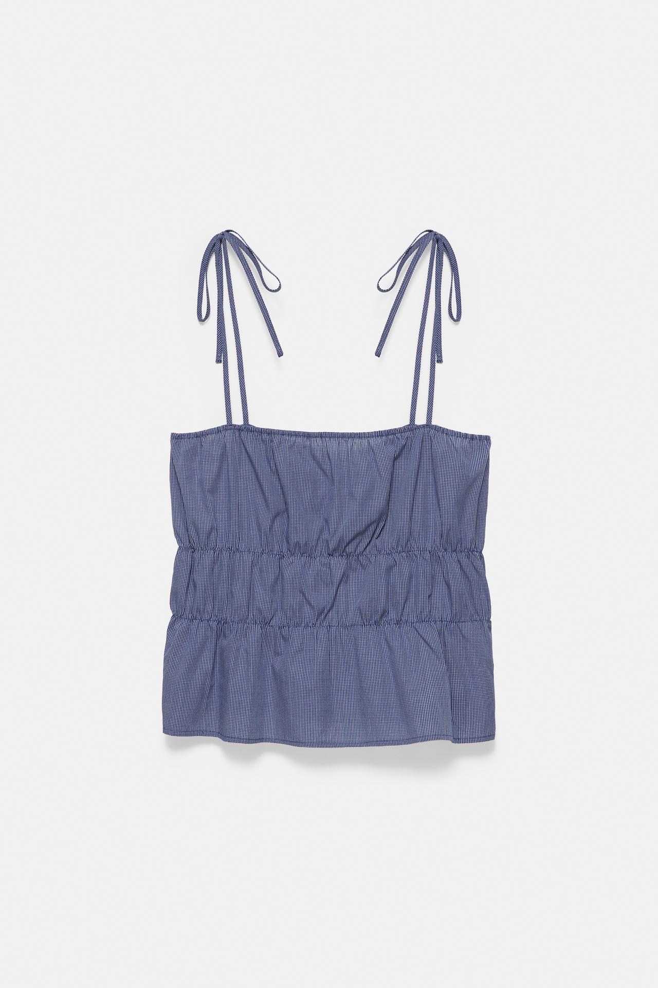 Checked gathered strappy top — Navy