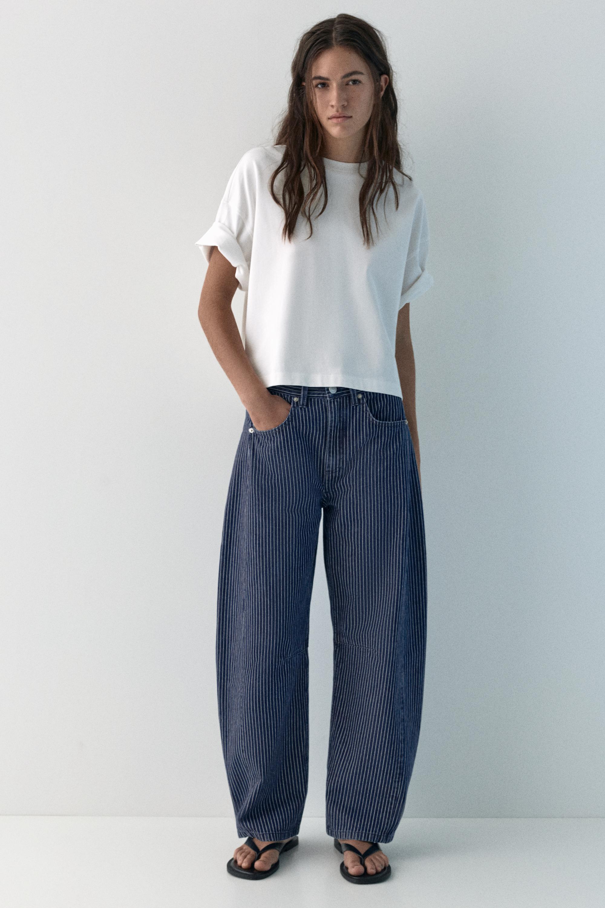 Striped balloon jeans with seams — Medium blue
