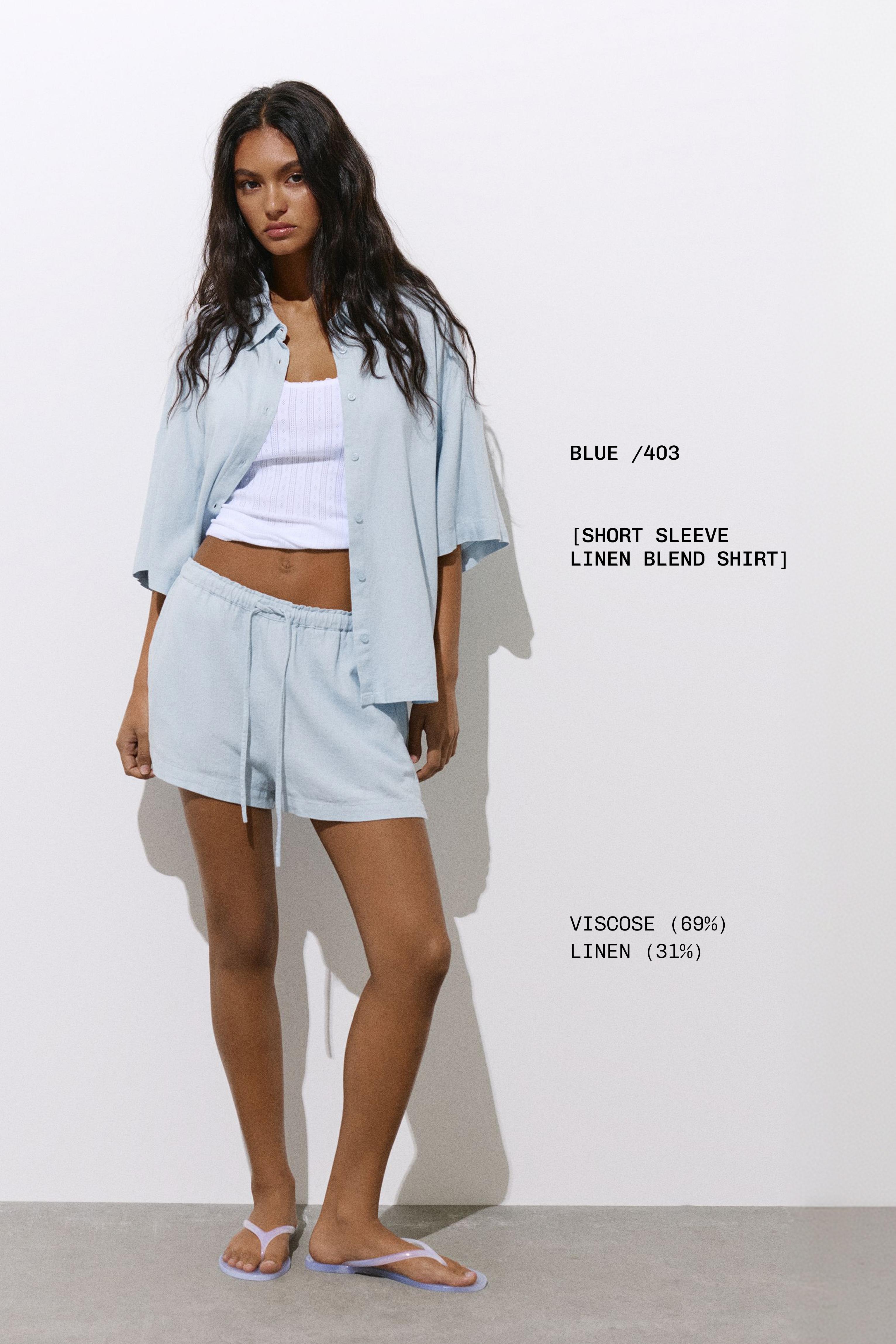 Short sleeve linen blend shirt — Sky blue