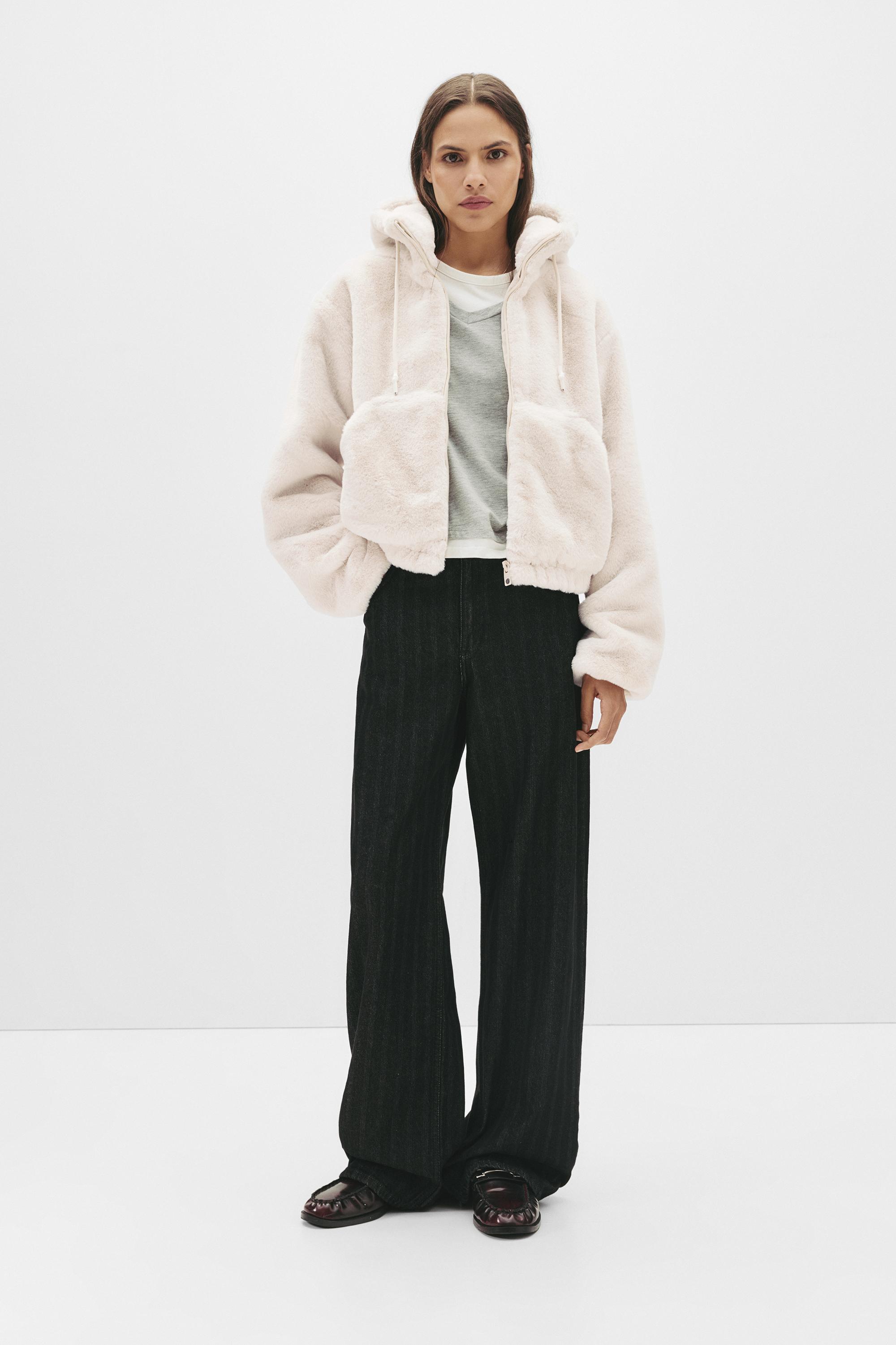 Kapüşonlu suni kürk ceket - Görsel 18