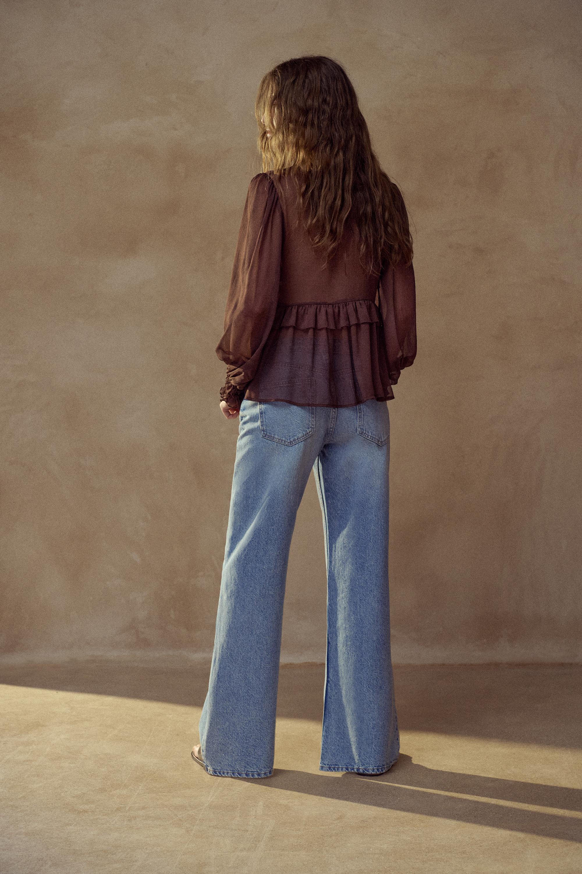 Sheer blouse with ruffle — Brown