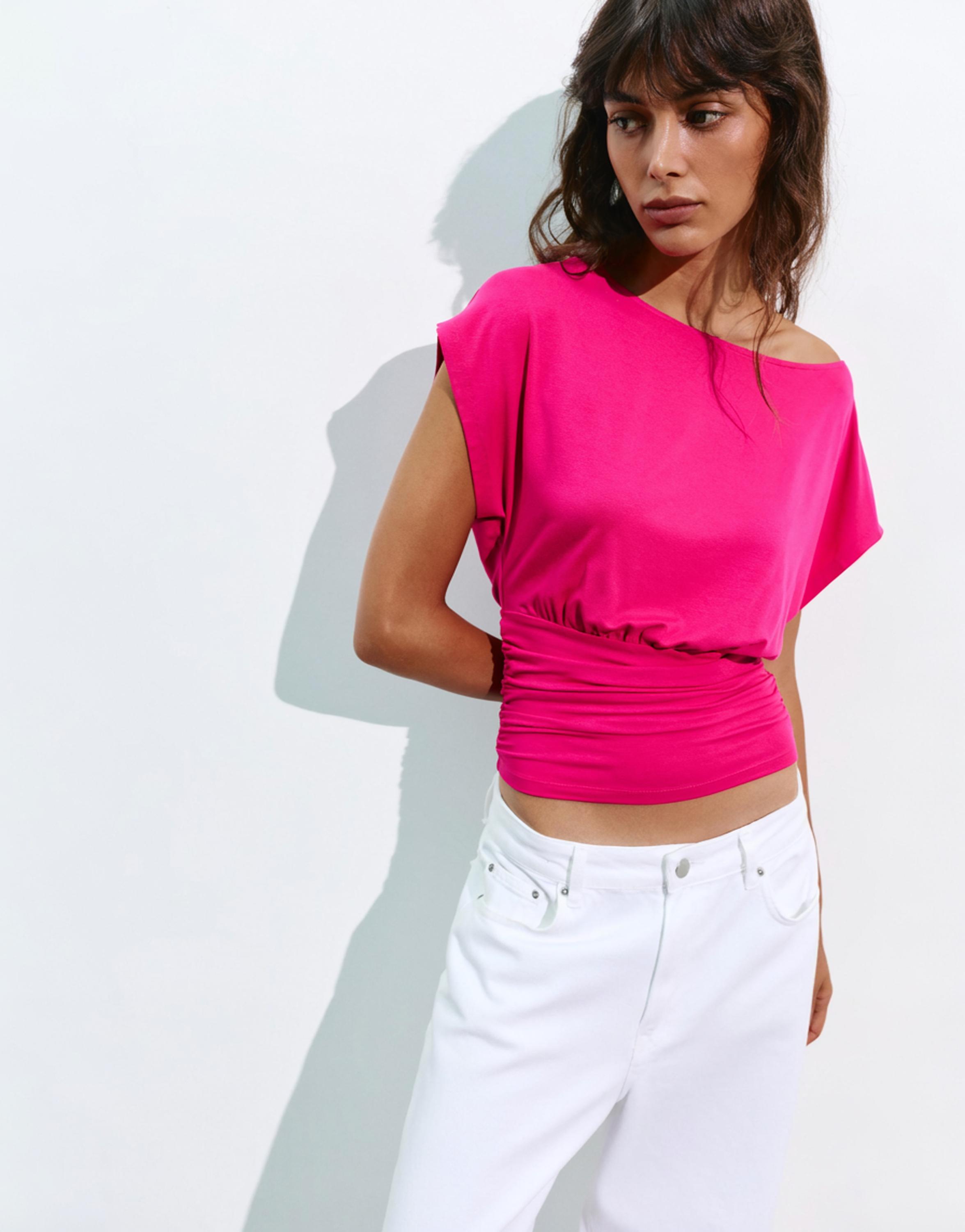 Asymmetric cummerbund T-shirt — Fuchsia