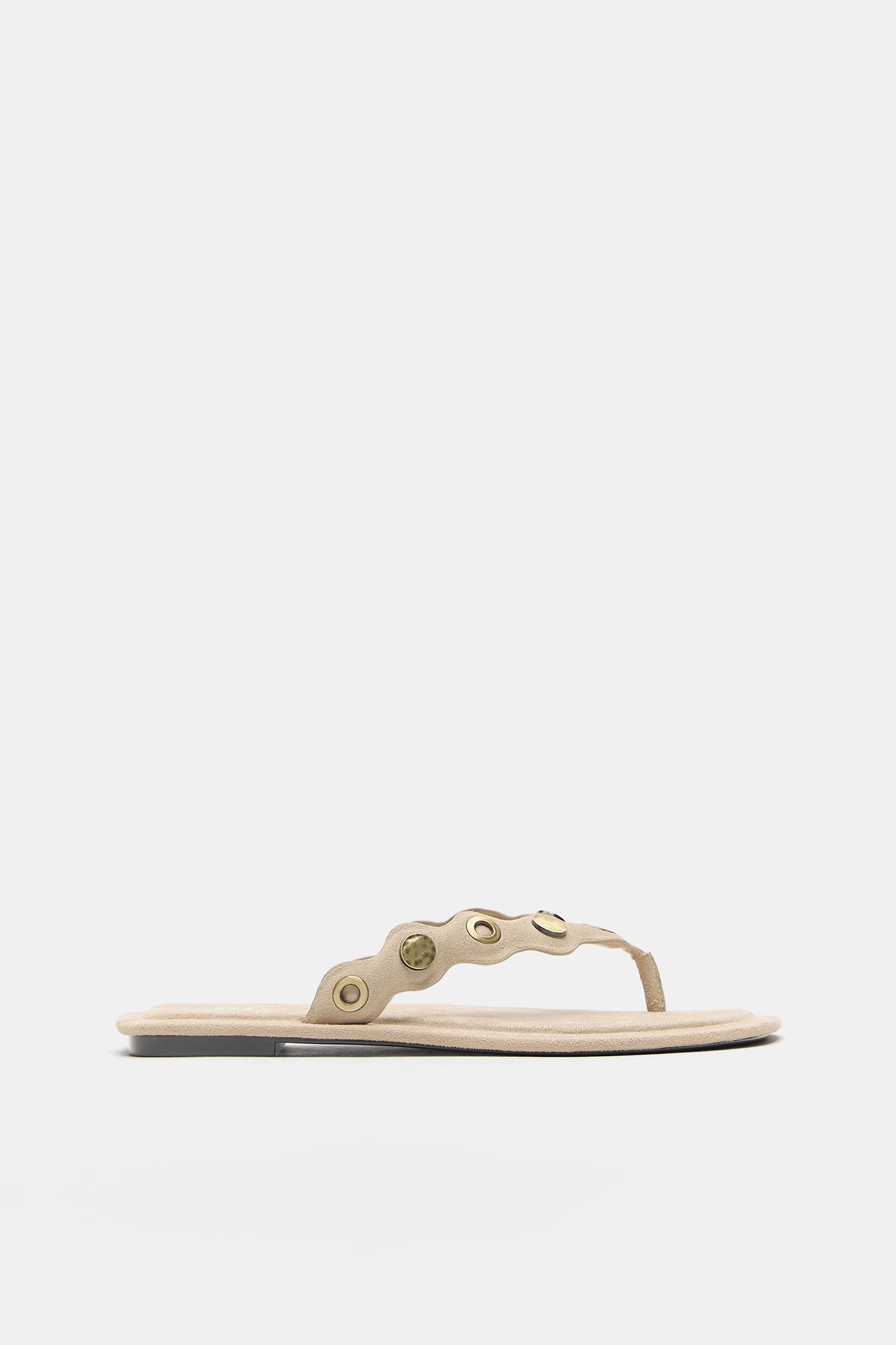 Flat studded leather sandals — Sand
