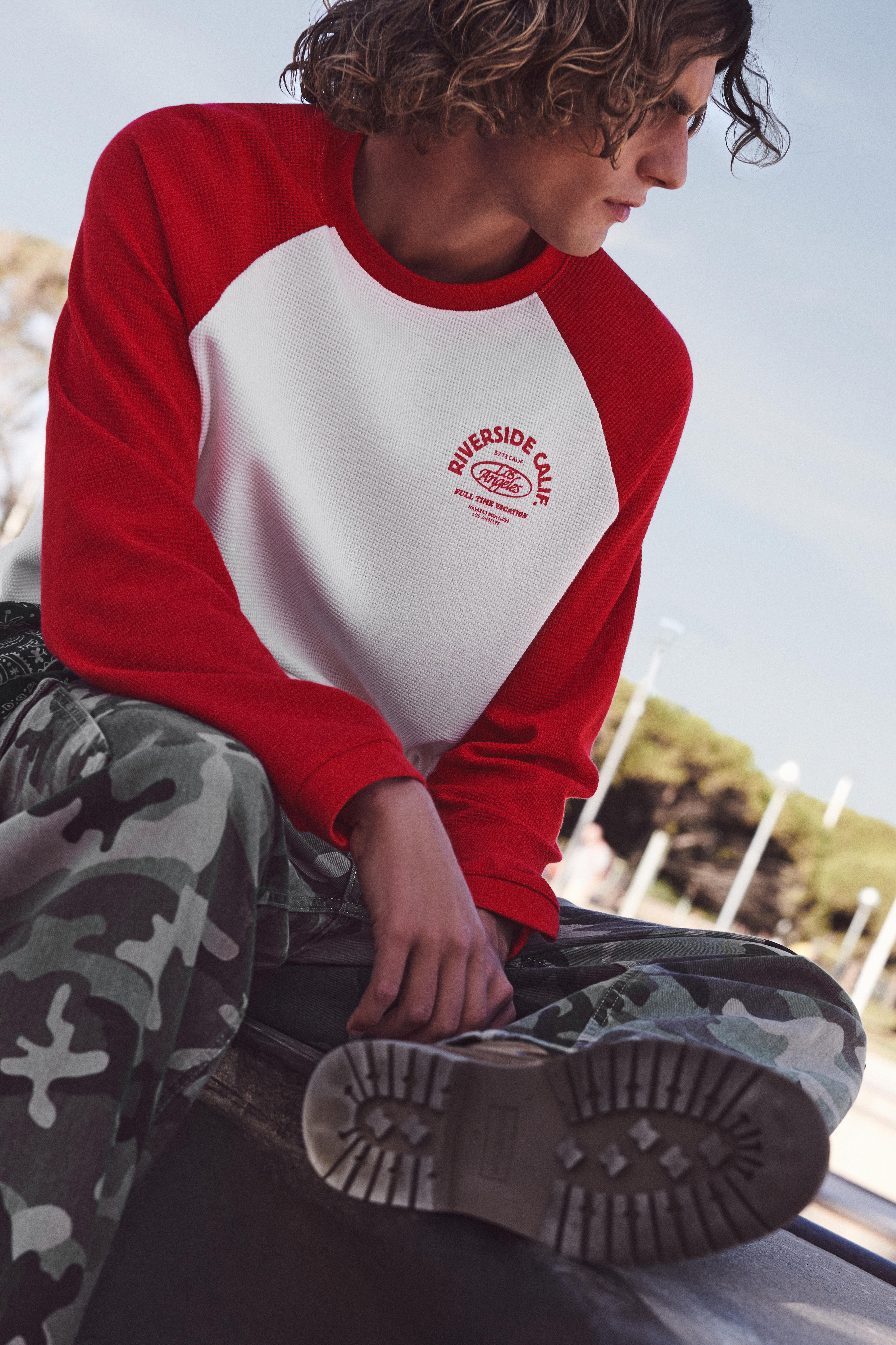 Waffle-knit raglan sleeve T-shirt — Red