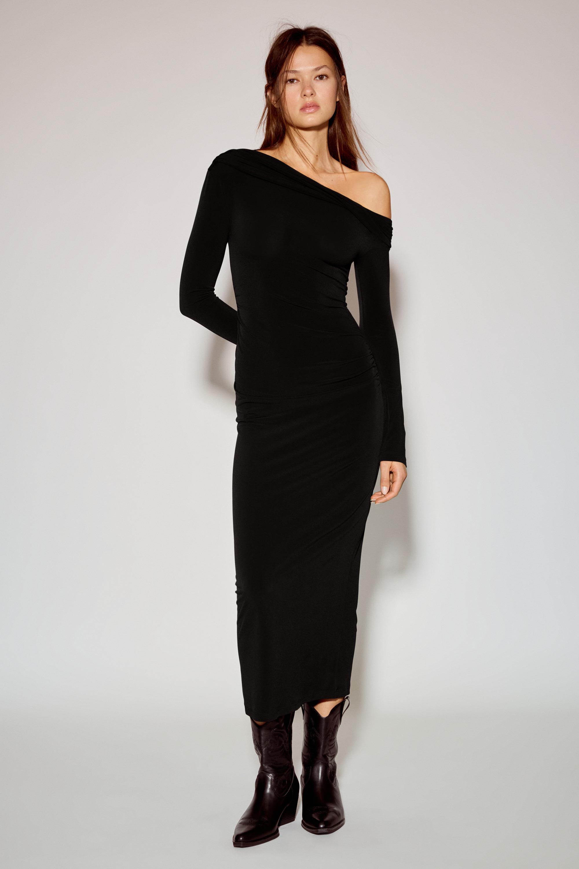 Bardot neckline midi dress — Black