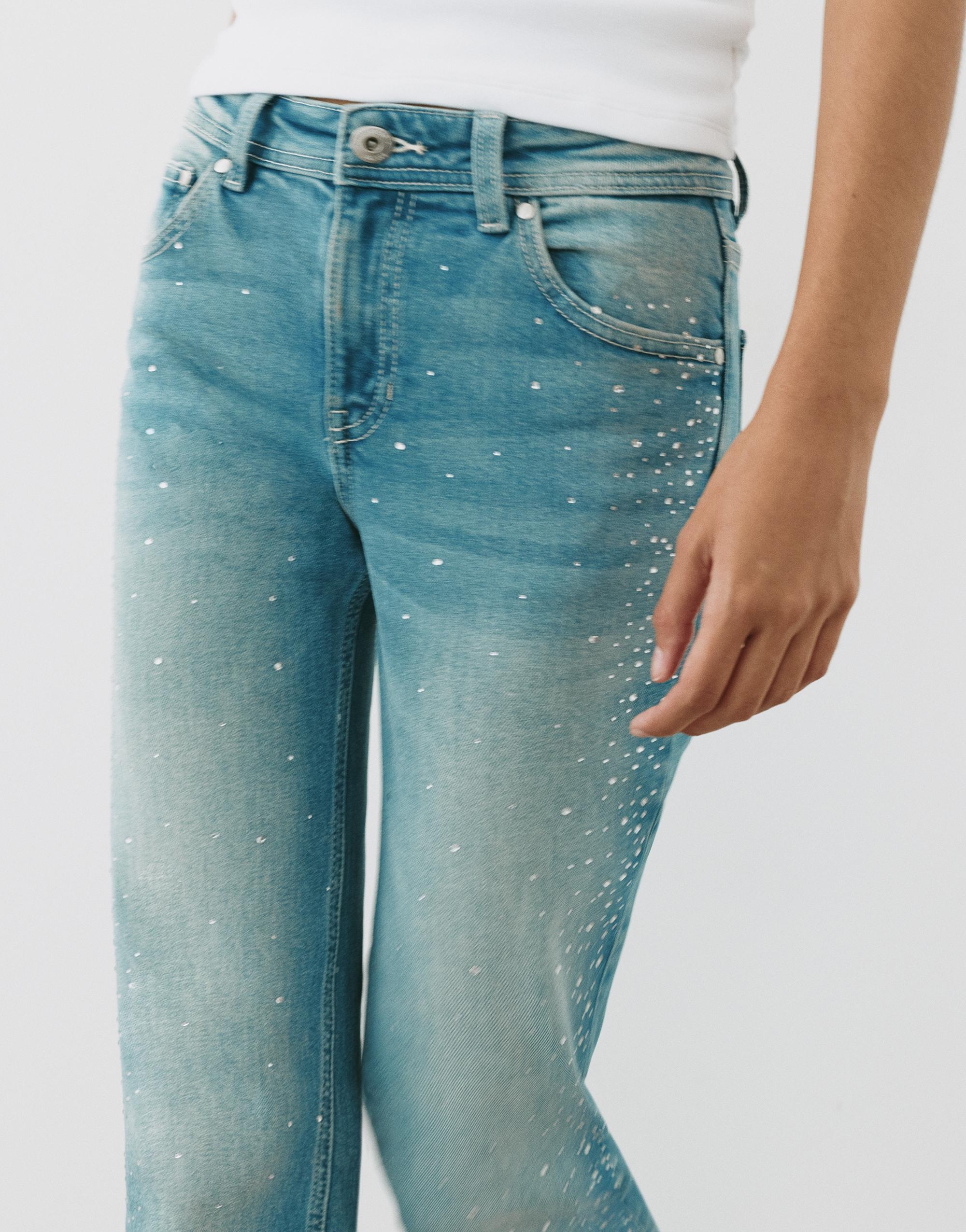 Rhinestone boot-cut jeans — Greenish blue