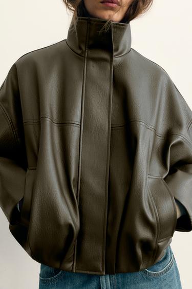 Leather-effect balloon bomber jacket — Khaki 3