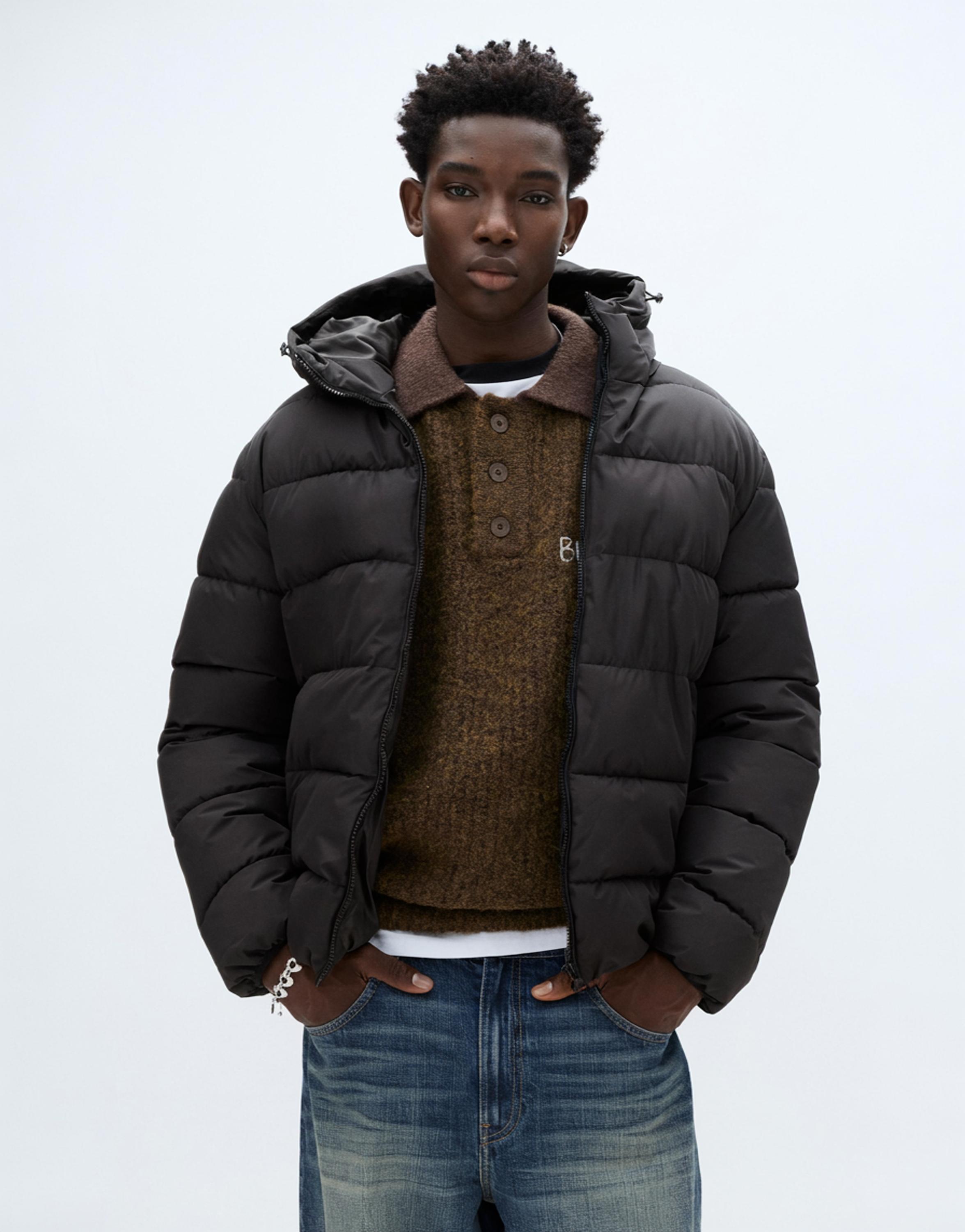 Lightweight puffer jacket with hood — Black