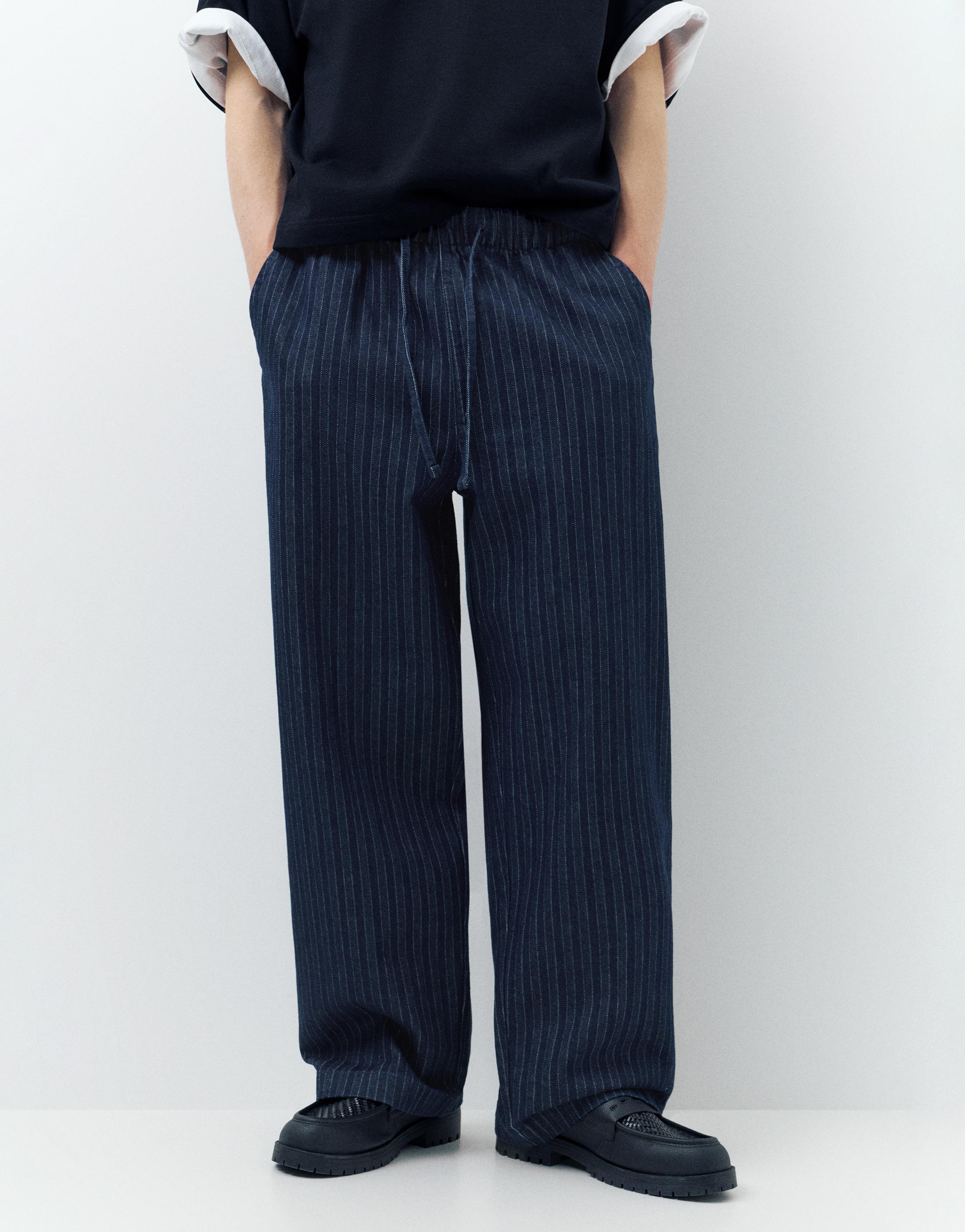 Striped denim jogger trousers — Navy