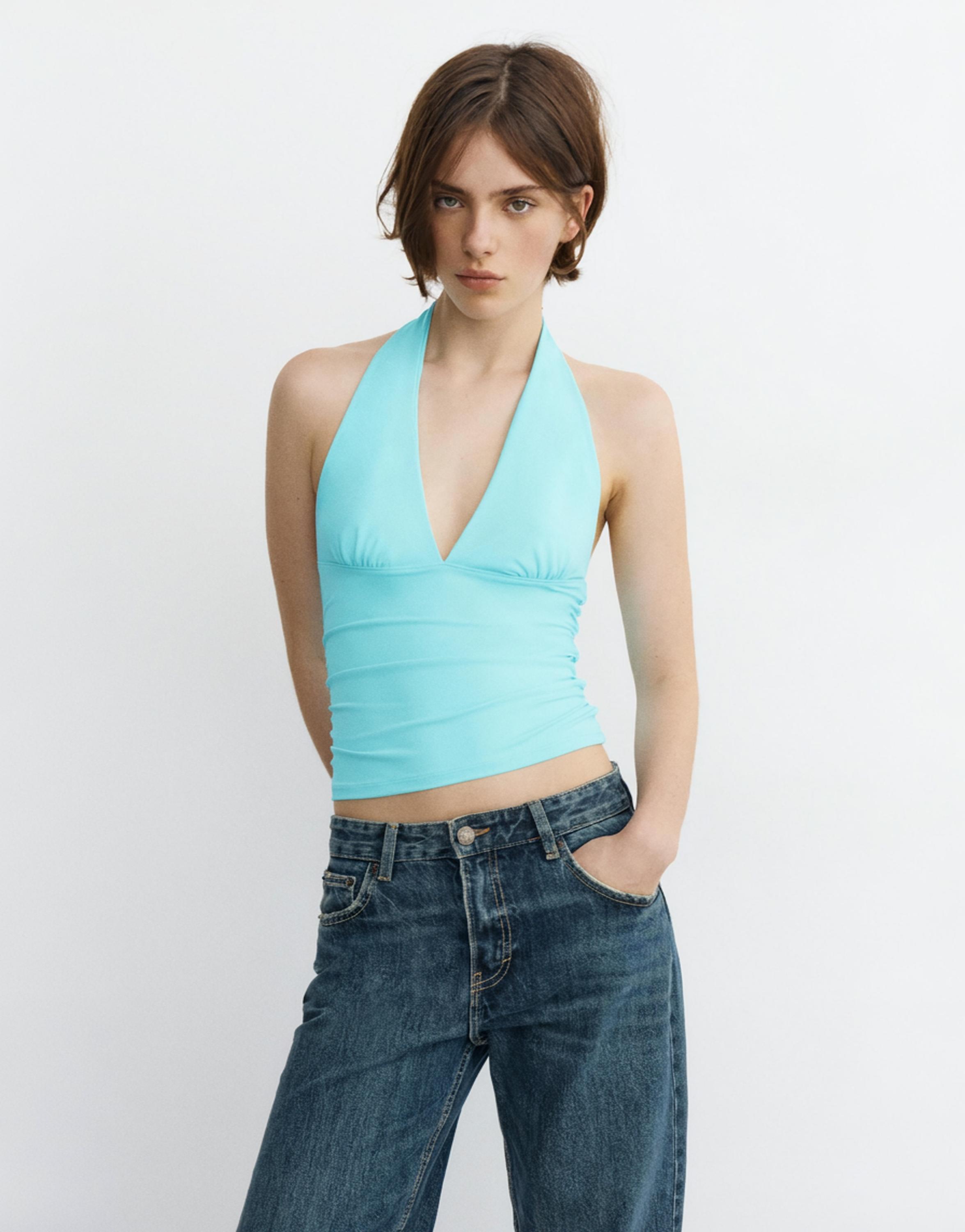 Halter neck top with gathering — Pale turquoise