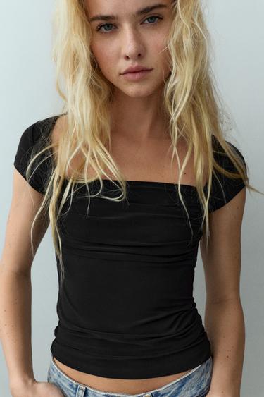 Square neckline top with gathered detail — Black 3