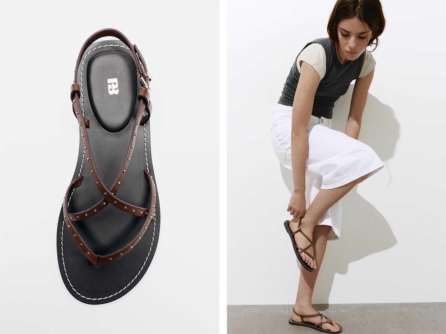 Flat studded sandals — Brown