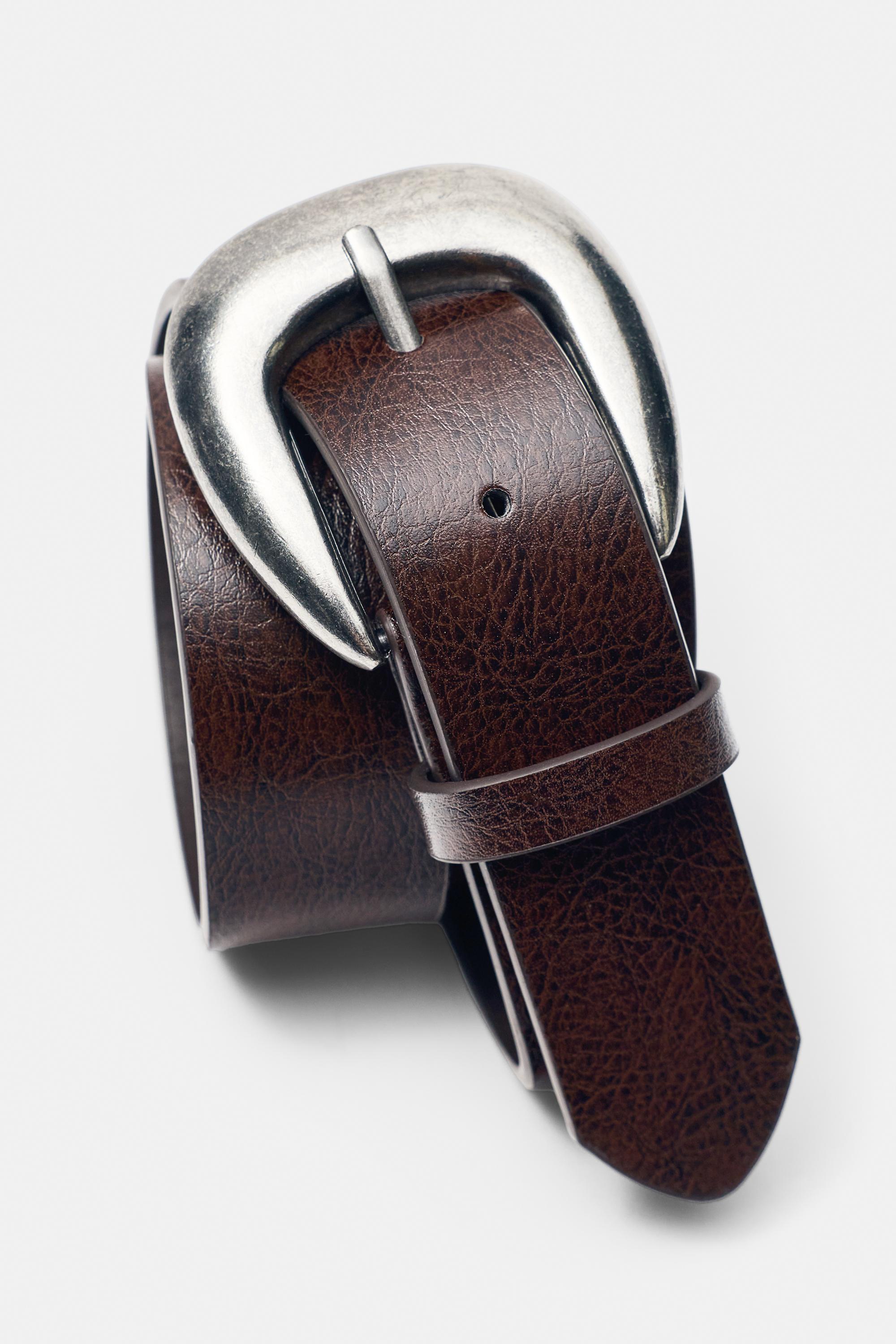 Leather effect belt with large buckle — Brown (alternate view)