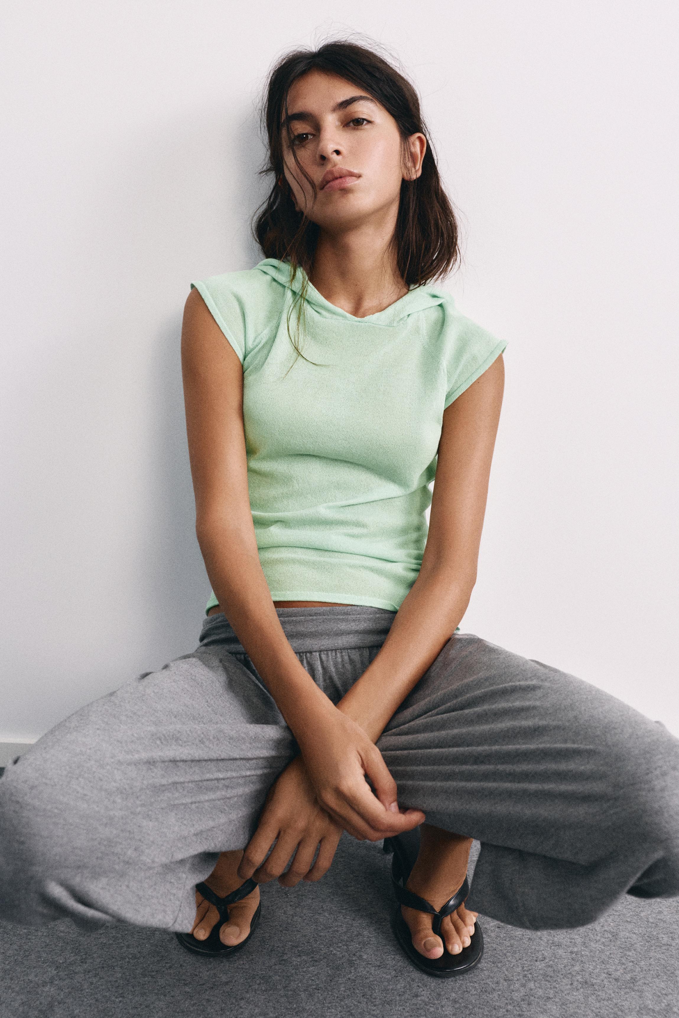 Fine knit hooded T-shirt — Mint