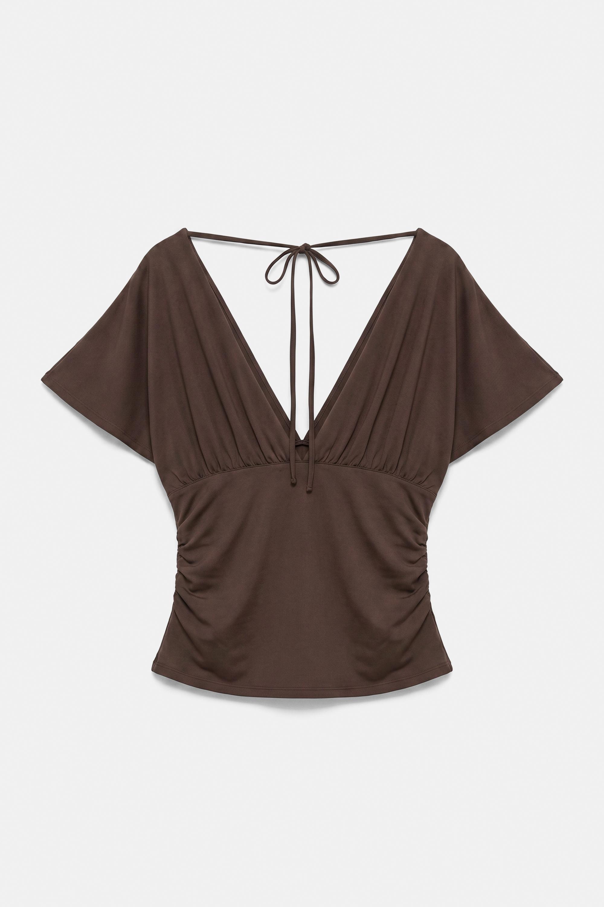 Gathered V-neck top — Brown