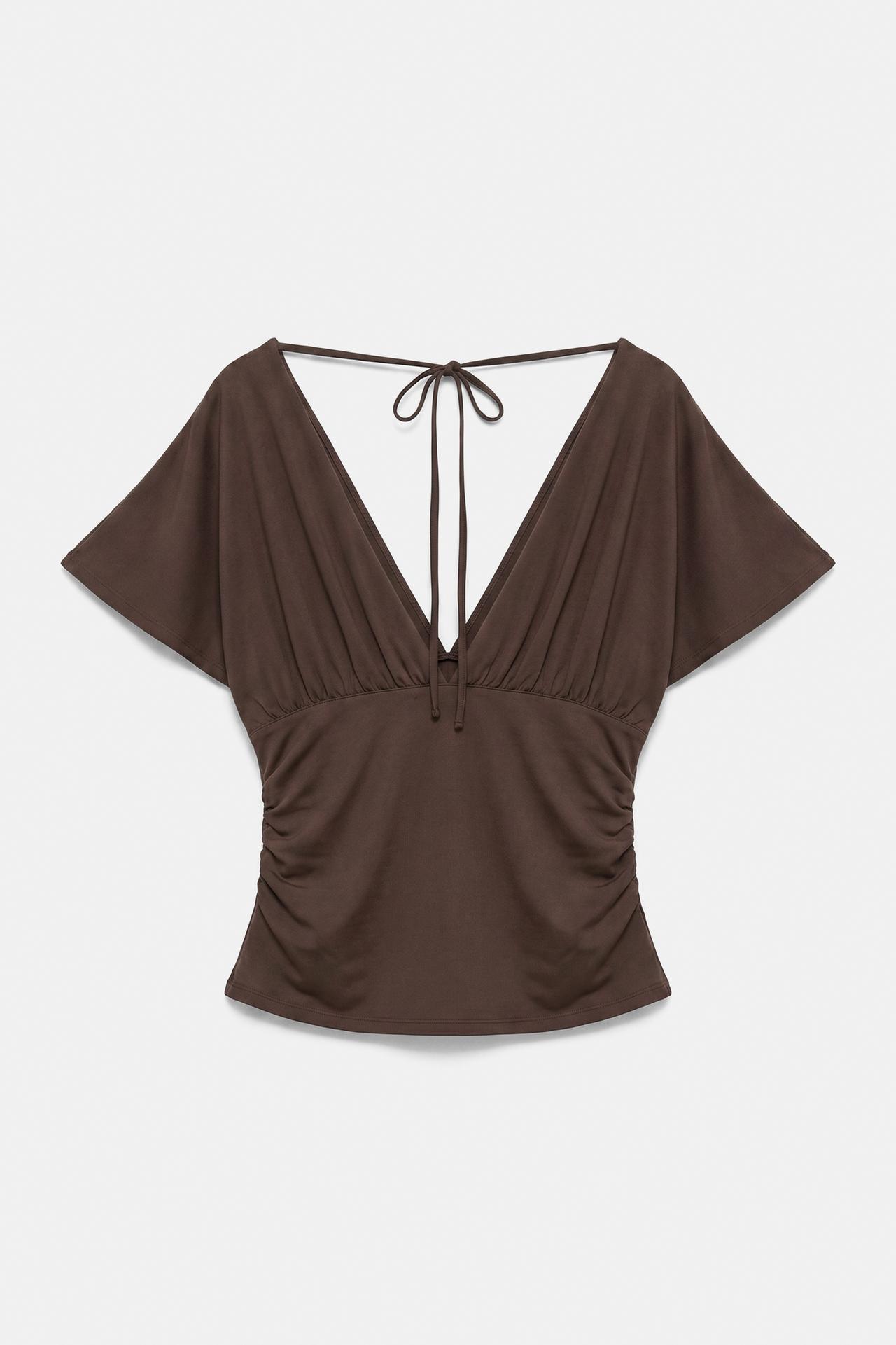 Gathered V-neck top — Brown