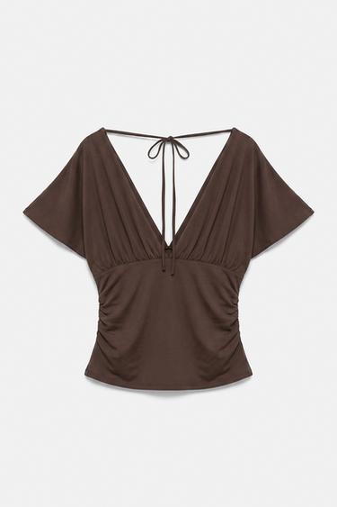 Gathered V-neck top — Brown 6