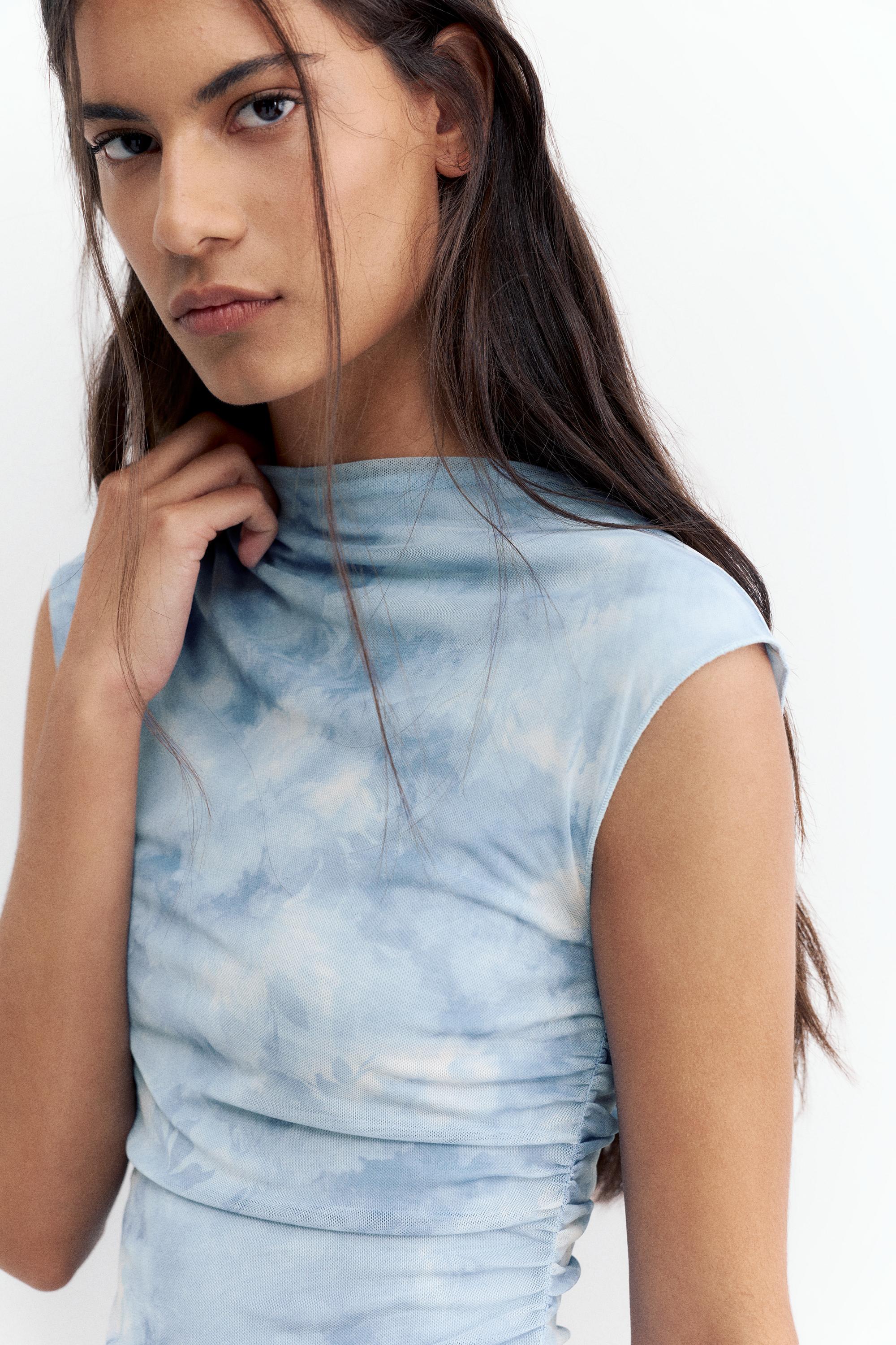 Asymmetric tulle midi dress — Pale blue