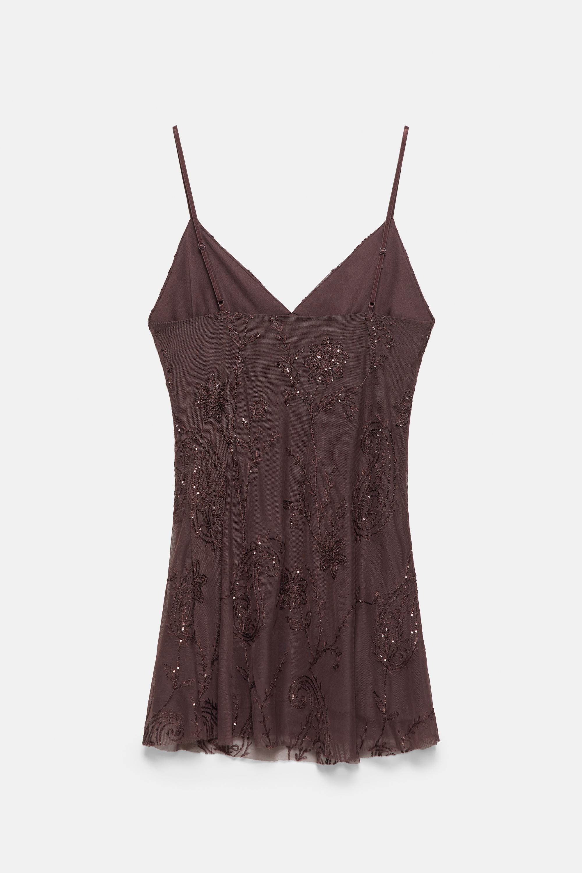 Short sequinned strappy dress — Brown