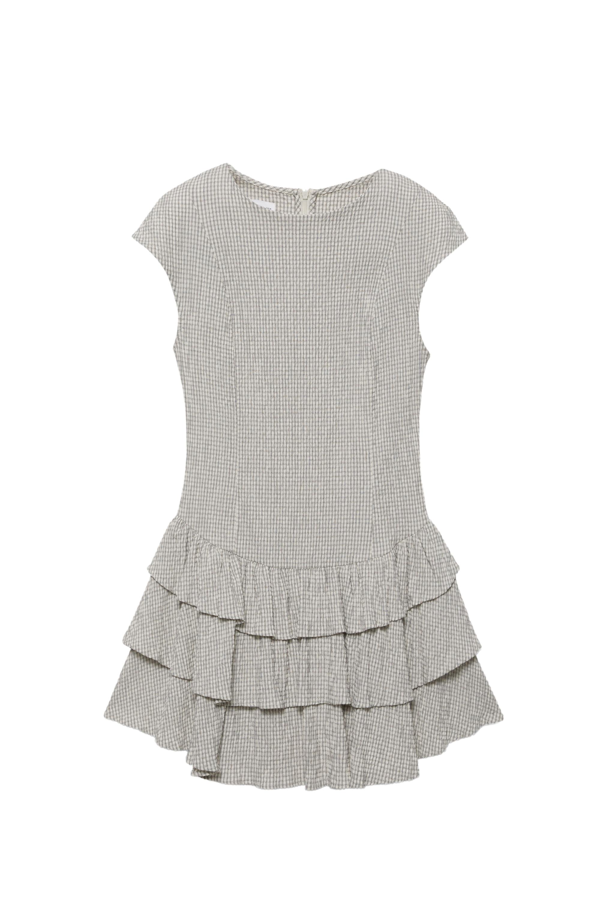 Volanlı etekli kısa kareli elbise - Görsel 14
