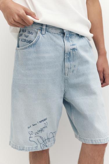 Embroidered baggy denim Bermuda shorts — Pale indigo 3