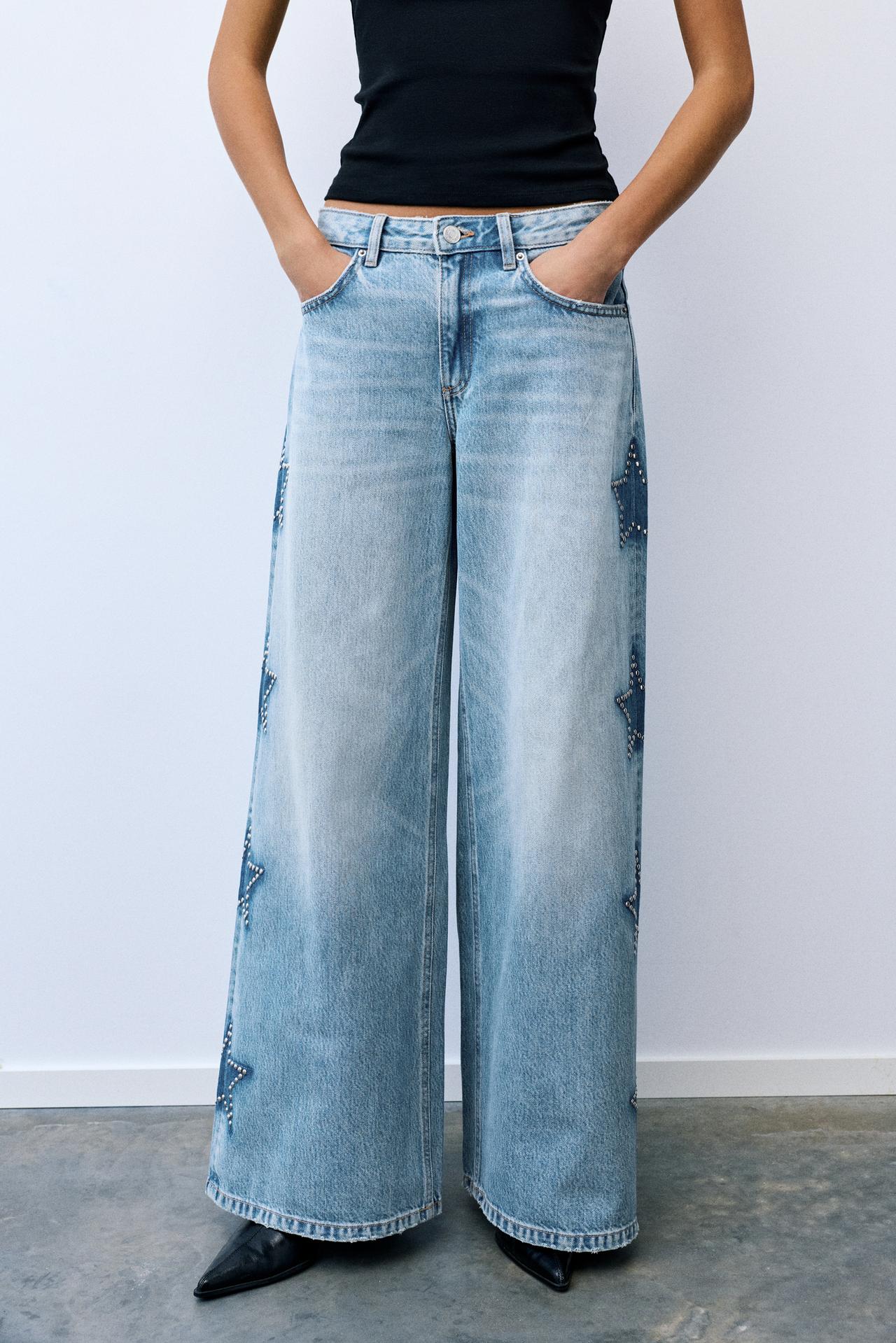 Wide-leg star stud jeans — Medium blue