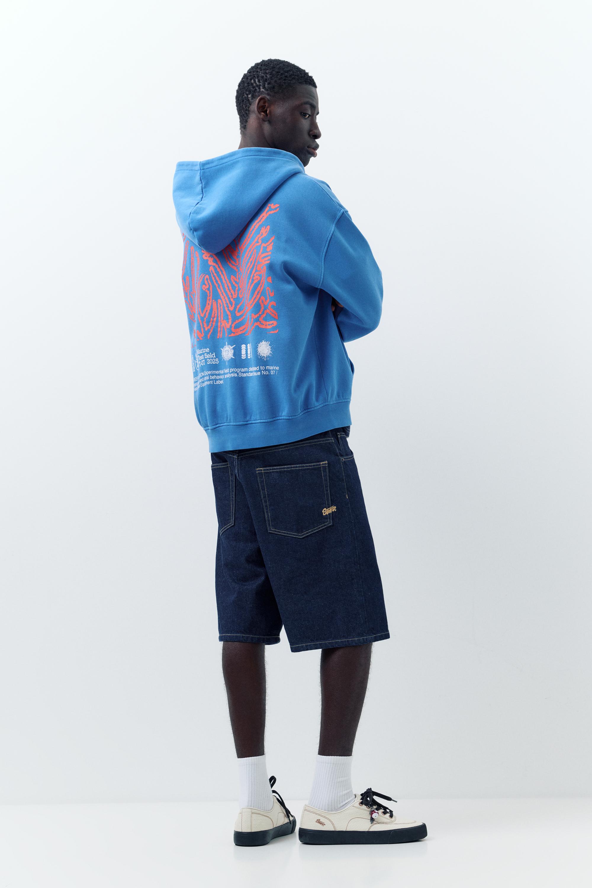 Fermuarlı mavi kapüşonlu sweatshirt - Görsel 9