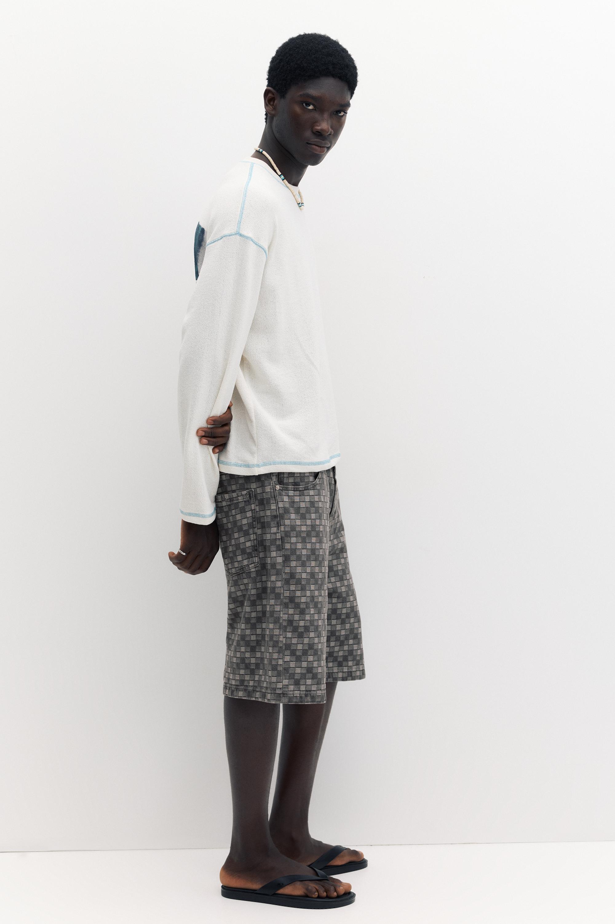 Checked denim Bermuda shorts — Faded black