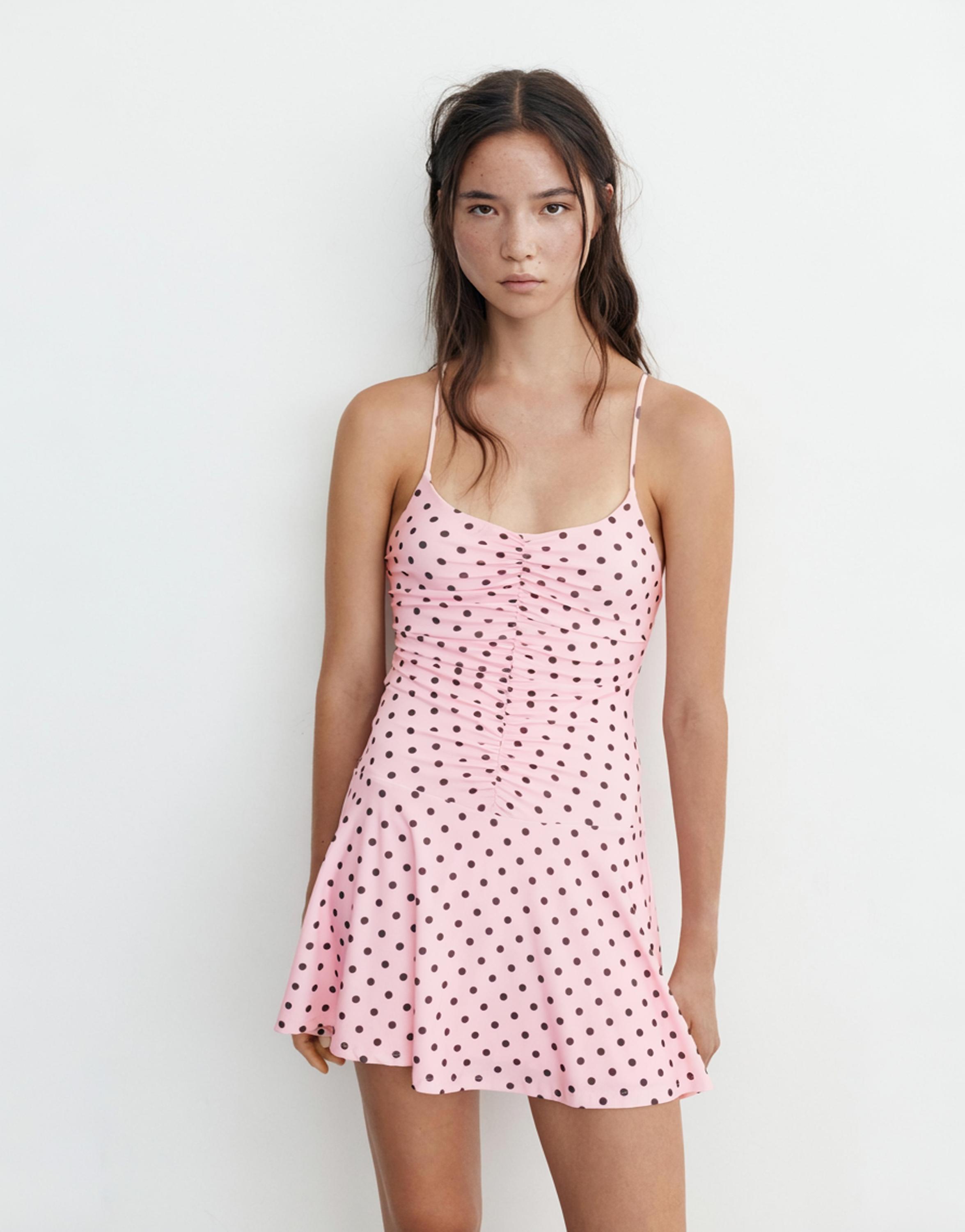 Short strappy gathered dress — Pink