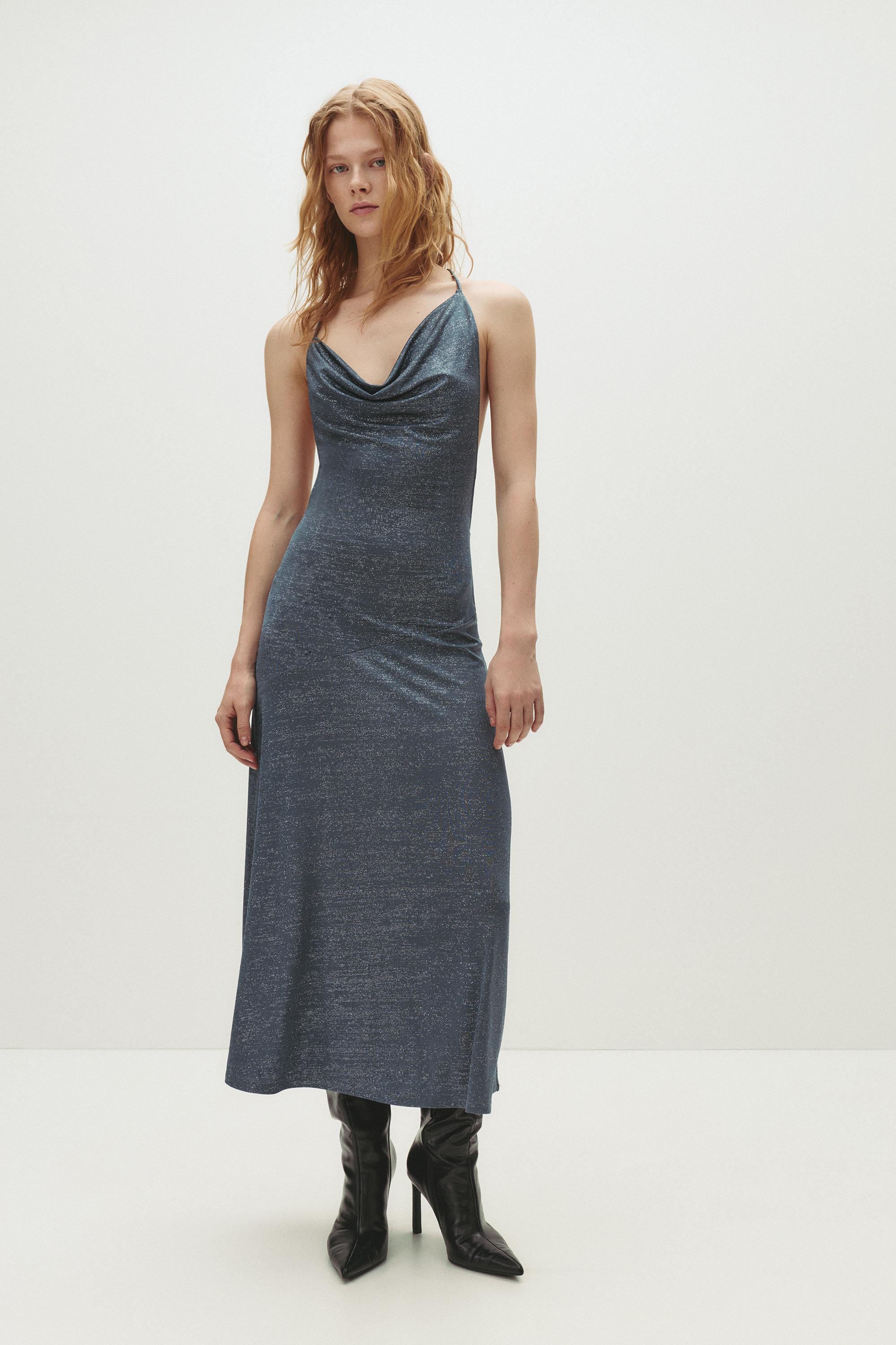 Vestido Midi Drapeado Com Brilho