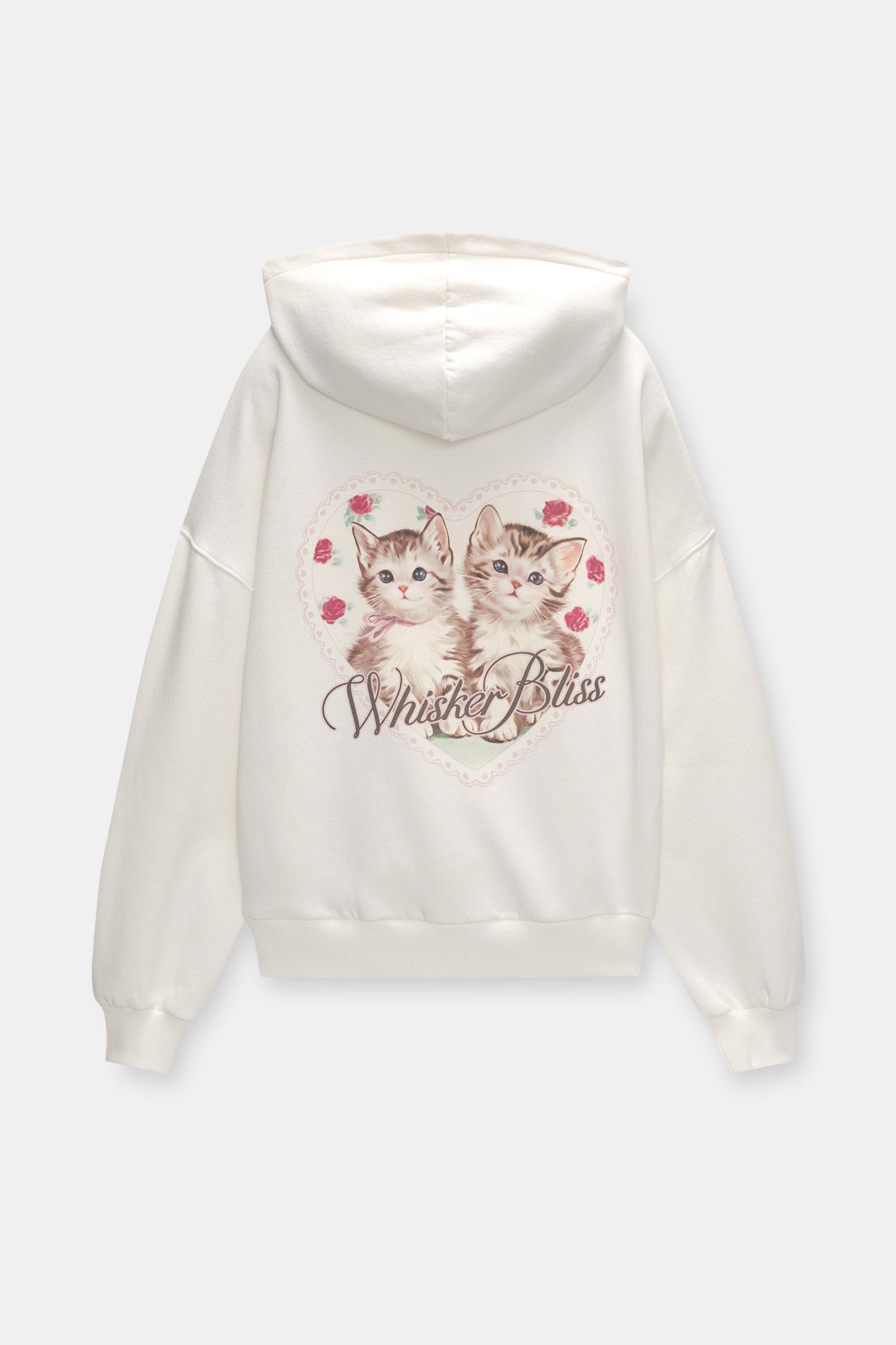 Kedi baskılı kapüşonlu sweatshirt_2