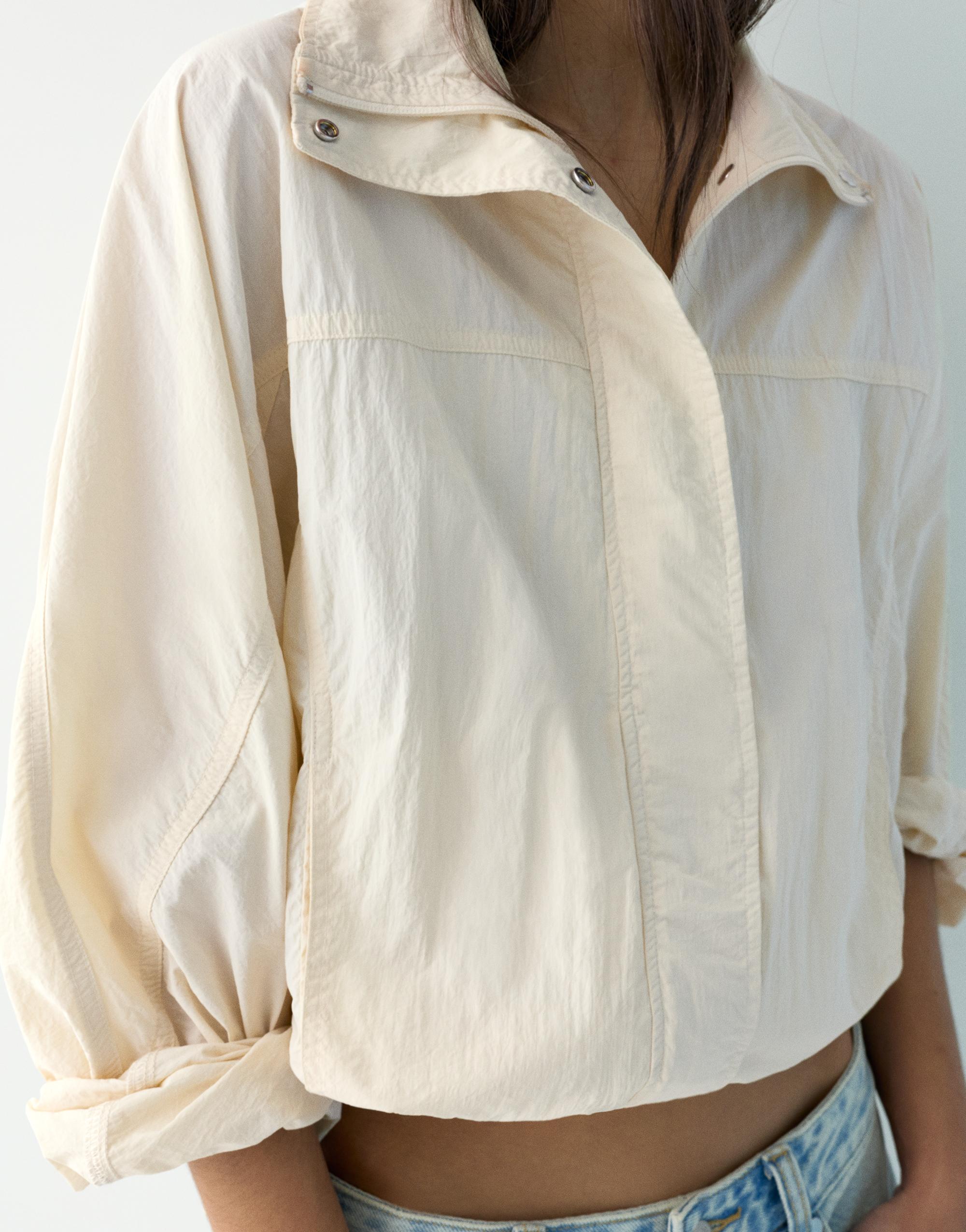 Short nylon-effect jacket — Ecru