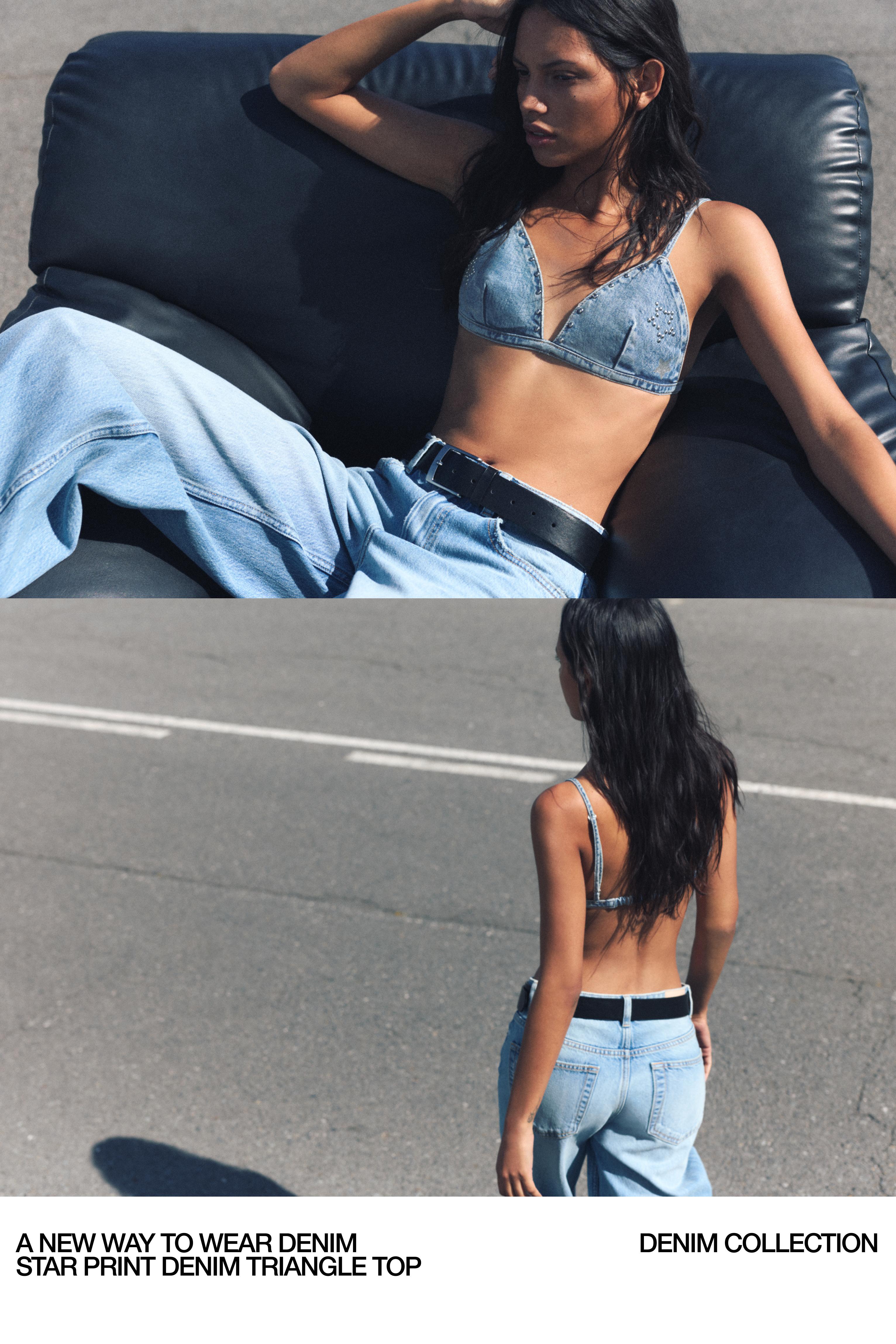 Studded star denim triangle top — Medium blue