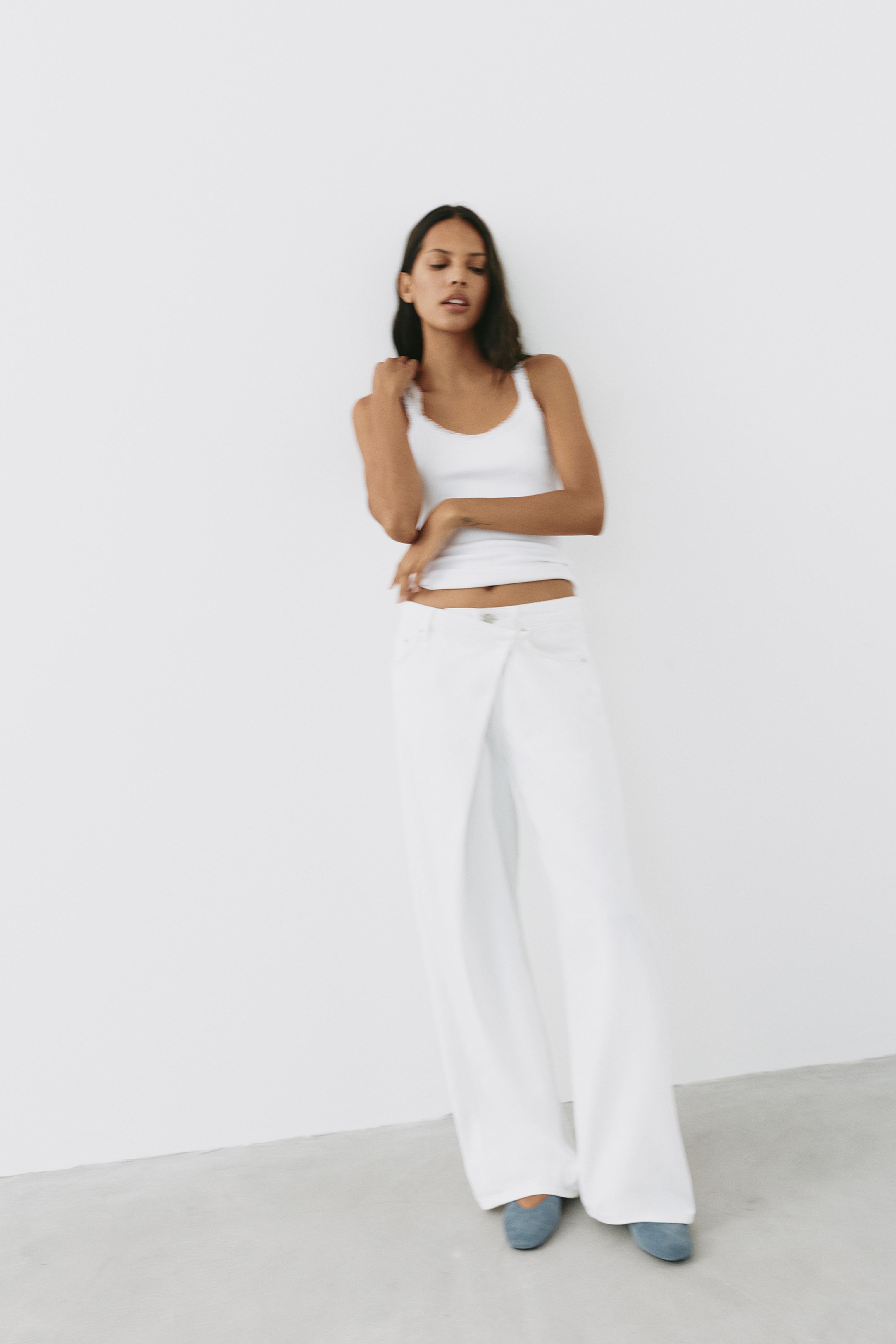 White crossover waist baggy jeans — White