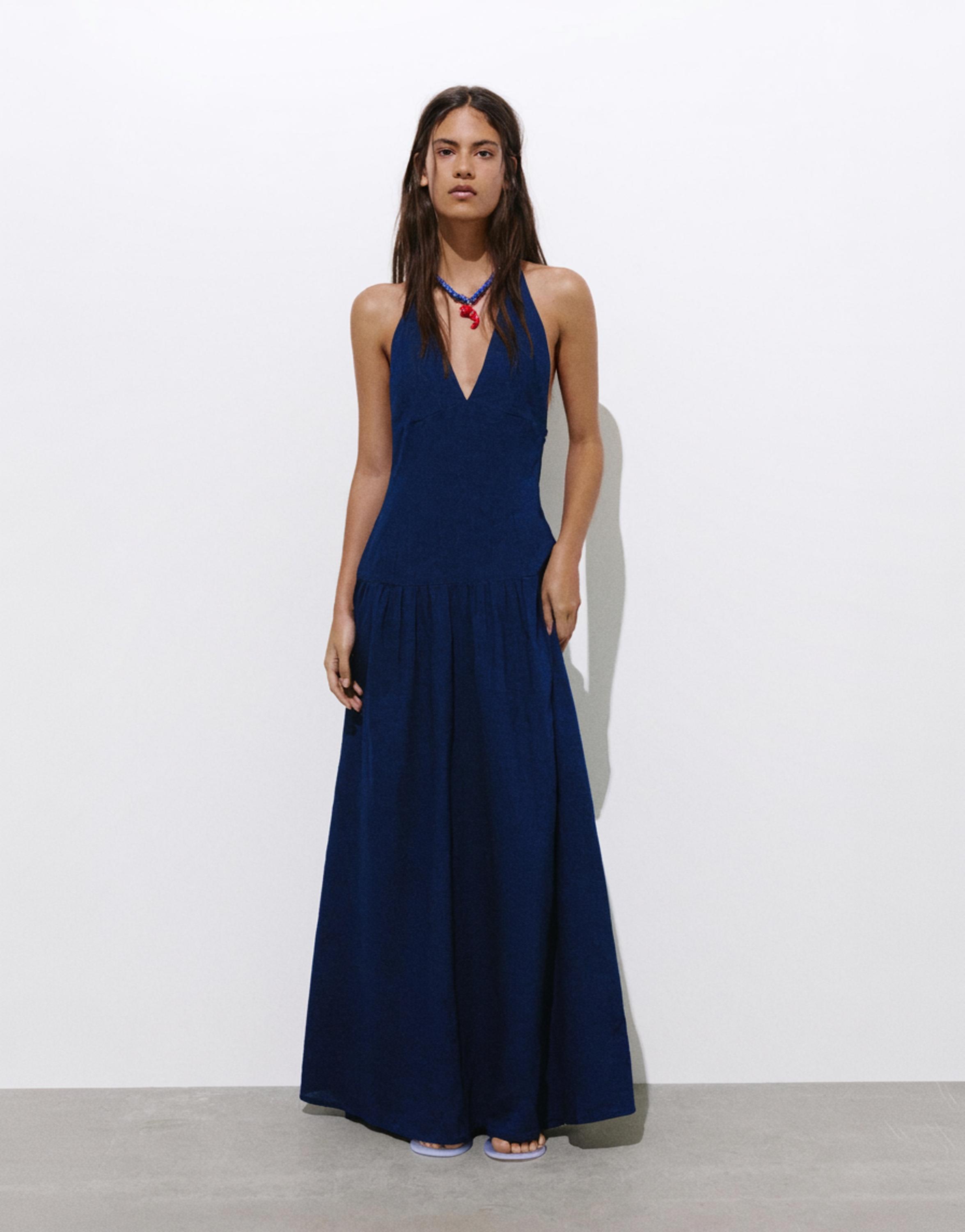 Long halter denim dress — Dark blue