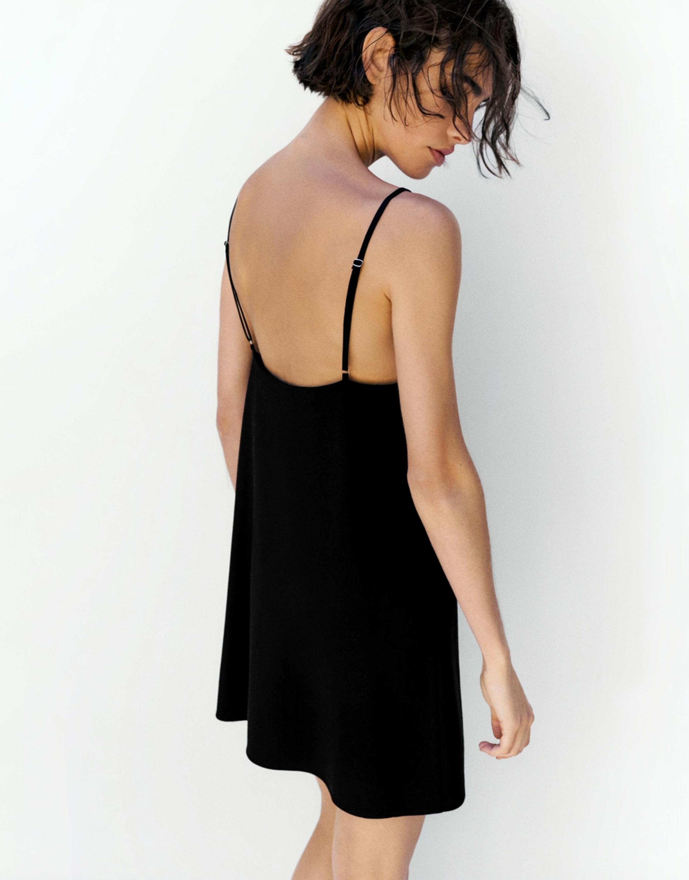 Short strappy dress with linen — Black