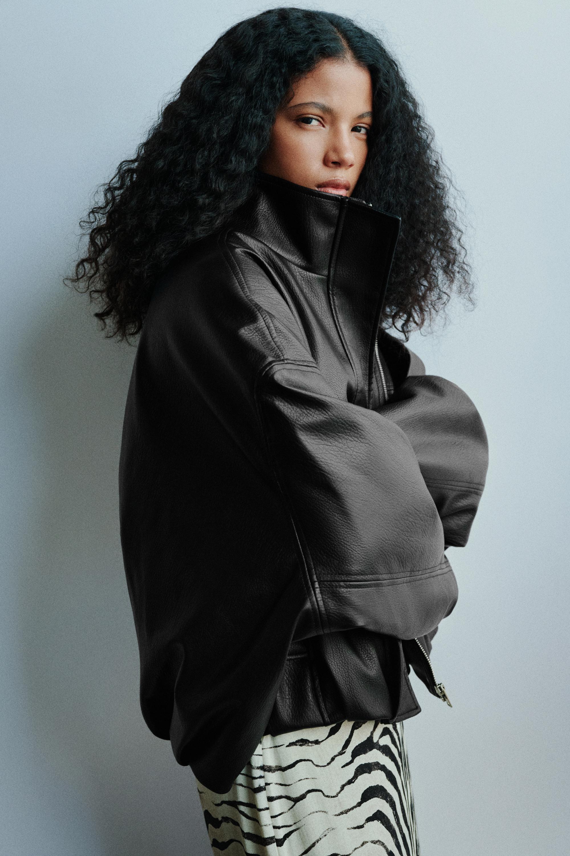 Leather effect balloon jacket — Black
