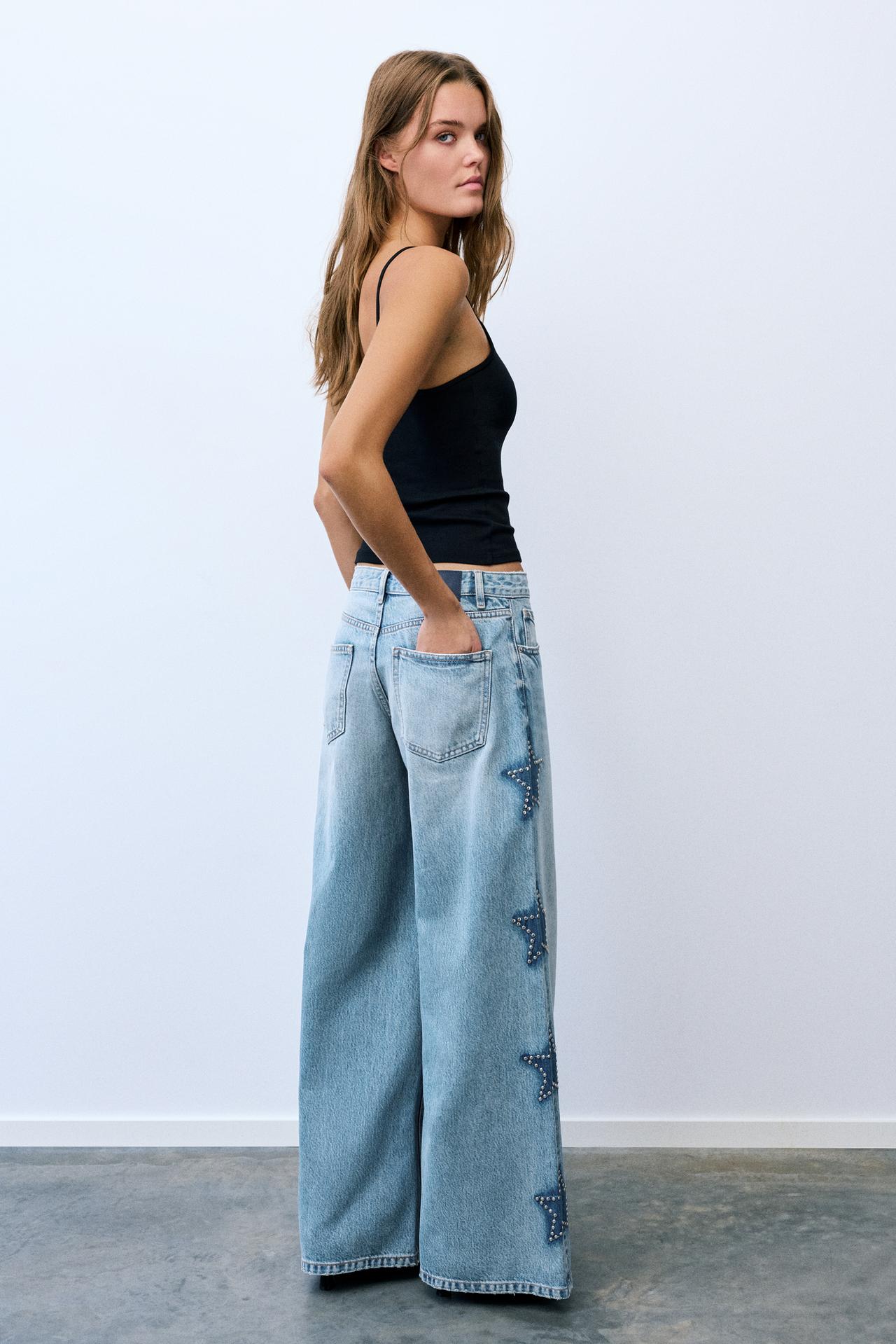 Wide-leg star stud jeans — Medium blue