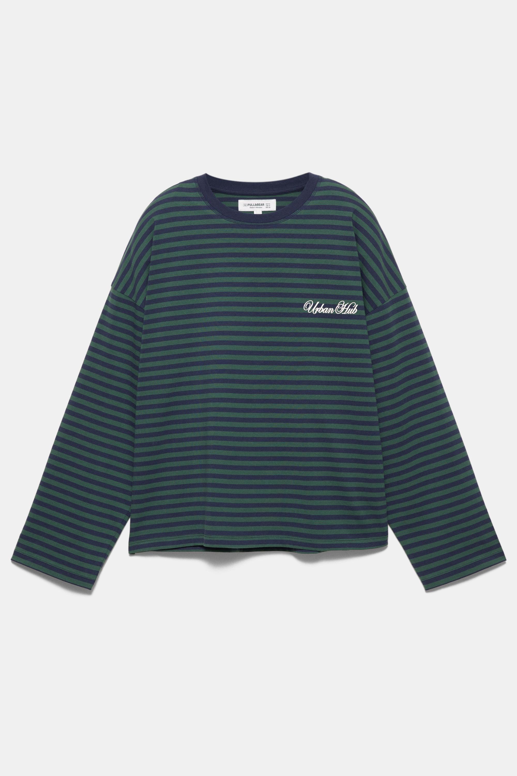 Yazılı çizgili uzun kollu t-shirt