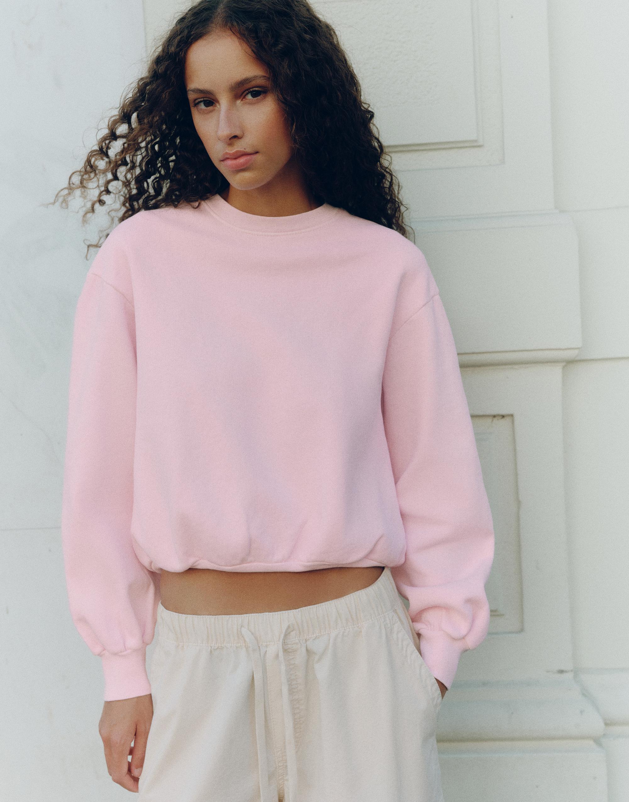Cropped round neck sweatshirt — Pink