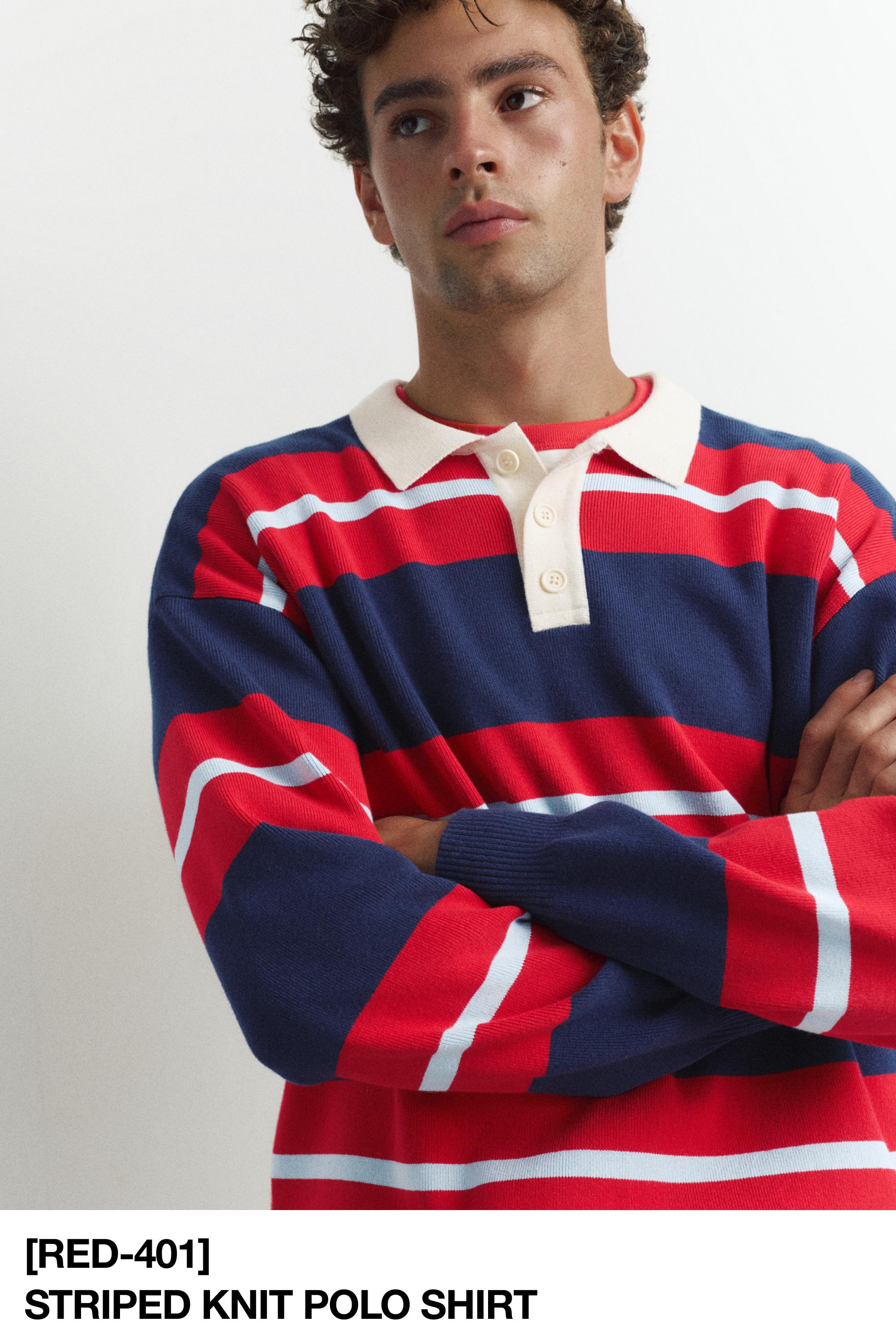 Striped knit polo shirt — Navy